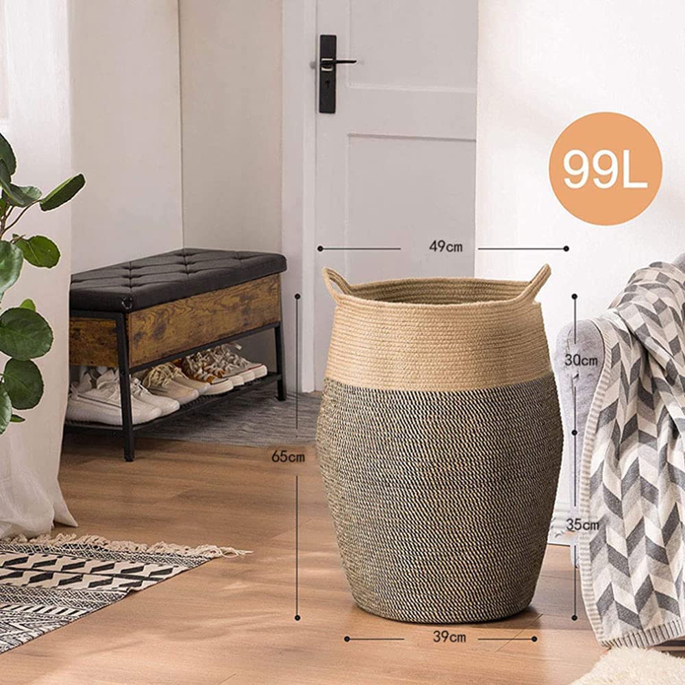 Cesta grande de 65 cm de altura, cesta de lavandería tejida de yute de algodón, cesta de ropa sucia, cesta plegable con asa, organizador de lavandería