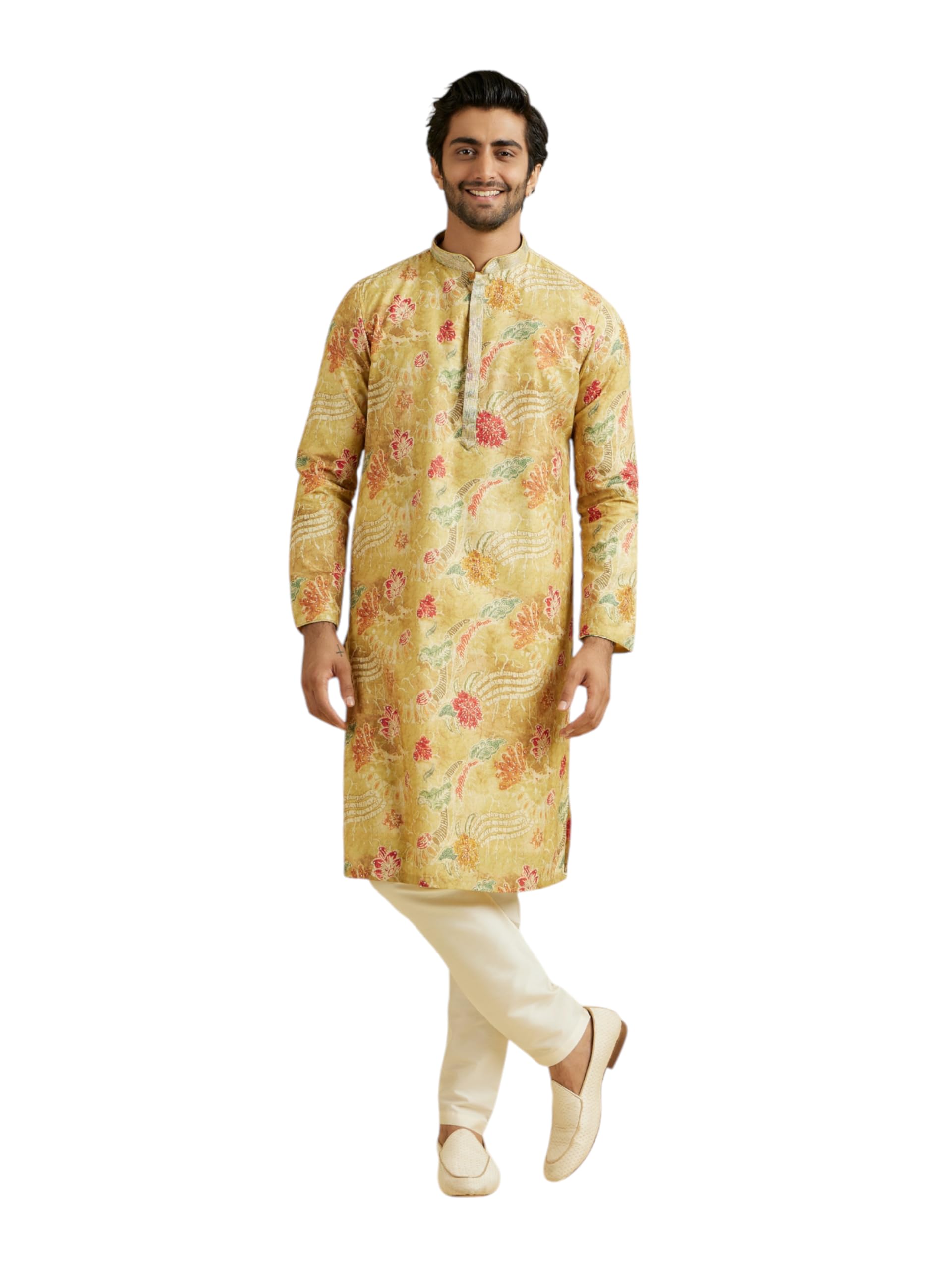 manyavar Men's Floral Print & Stone Embellished Kurta Pyjama Set (2pcs)-picture-19