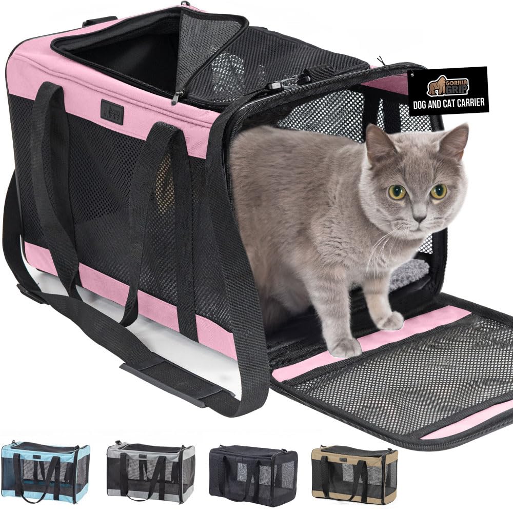 GORILLA GRIP Cat Carrier Travel Bag Up to 15 Lbs, Soft Collapsible Small Dog Carriers, Top and Side Entry Breathable Mesh, Grip Feet on Underside, Cozy Washable Waterproof Pad, Portable Kennel, Pink