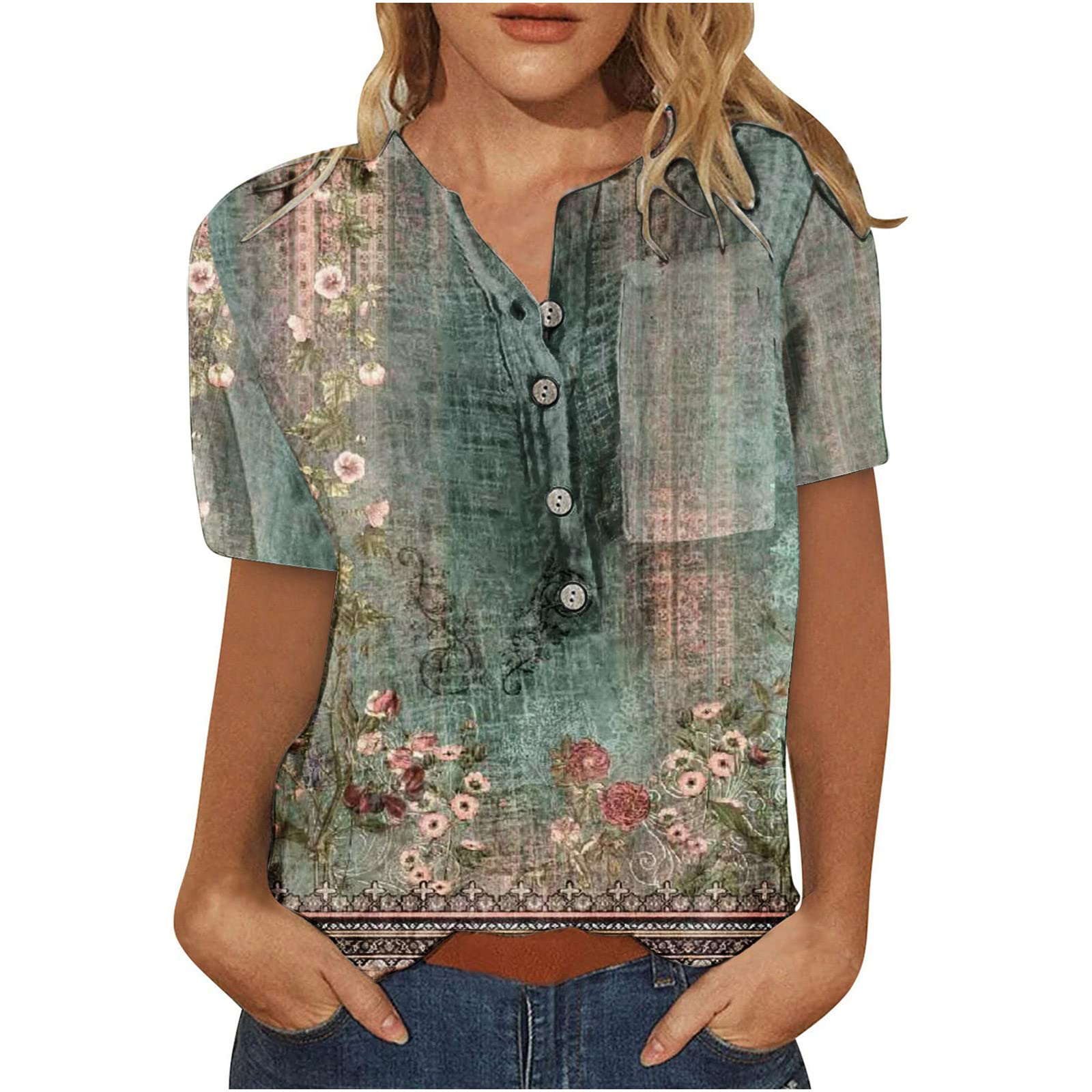 NUSGEAR 2023 Camiseta Manga Corta Mujer Verano Moda Floral Impresión Camisa Blusa Clásico Cuello en V Botones Basica Camiseta Suelto Tops Clásico Casual Fiesta Cómodo T-Shirt Original tee