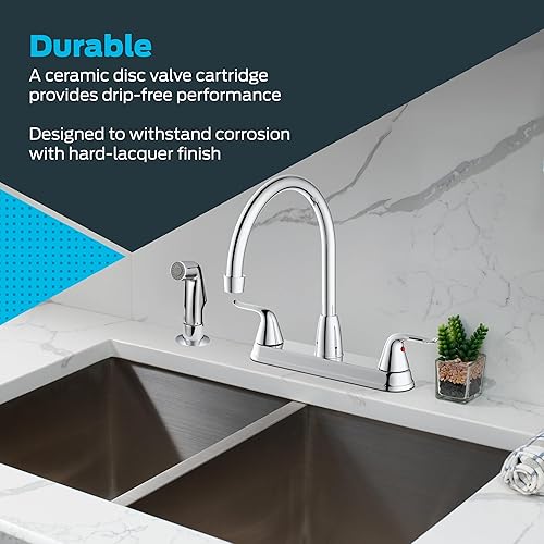 Miniatura 5 de EZ-FLO 10201 - Grifo de cocina con 2 manijas y pulverizador lateral extraíble, cromado, instalación de 4 agujeros