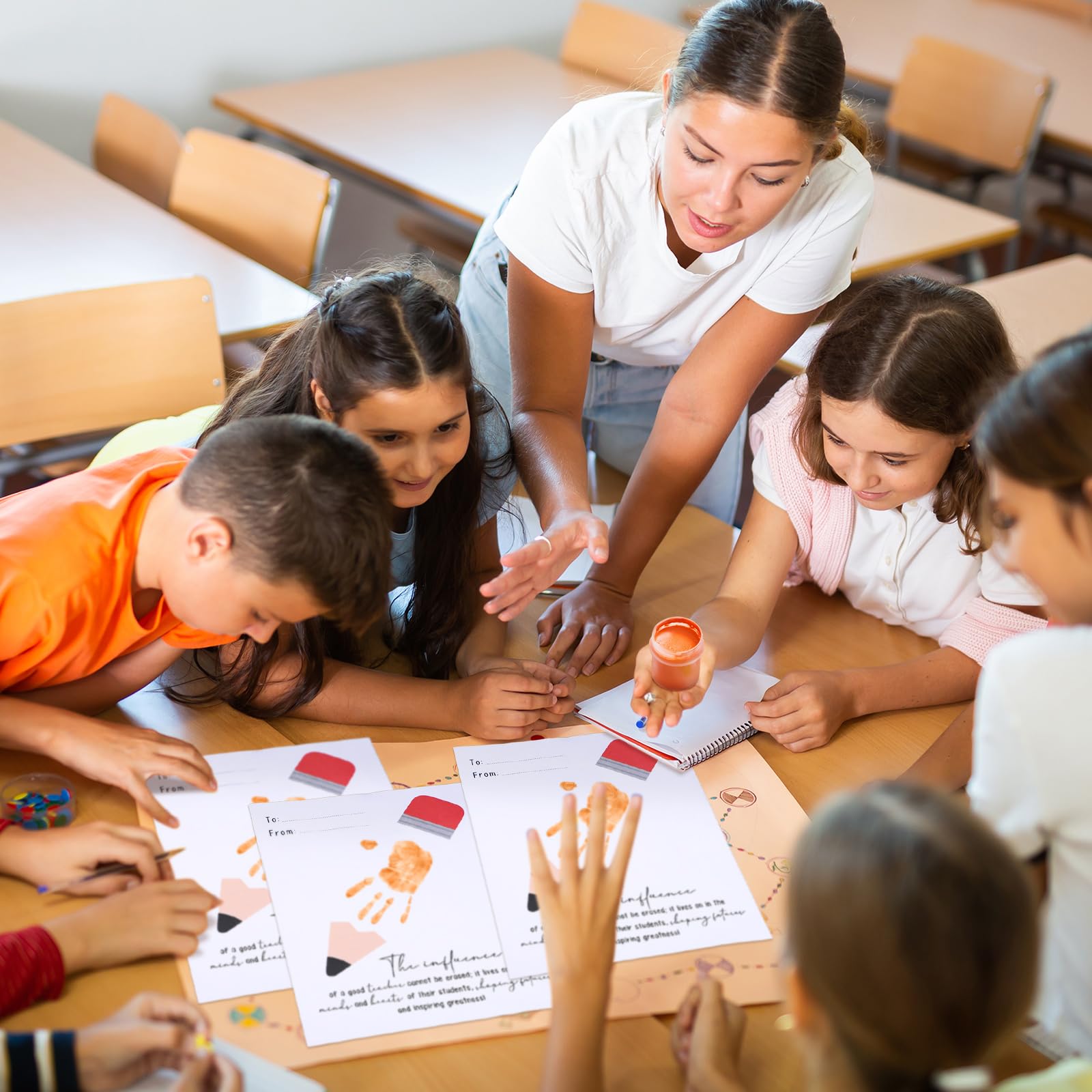 50 piezas de regalo de agradecimiento al profesor, kit de huellas de manos de 8.5 x 11 pulgadas, tarjetas de agradecimiento personalizadas para profesores, recuerdo de fin de año, tarjeta de huellas