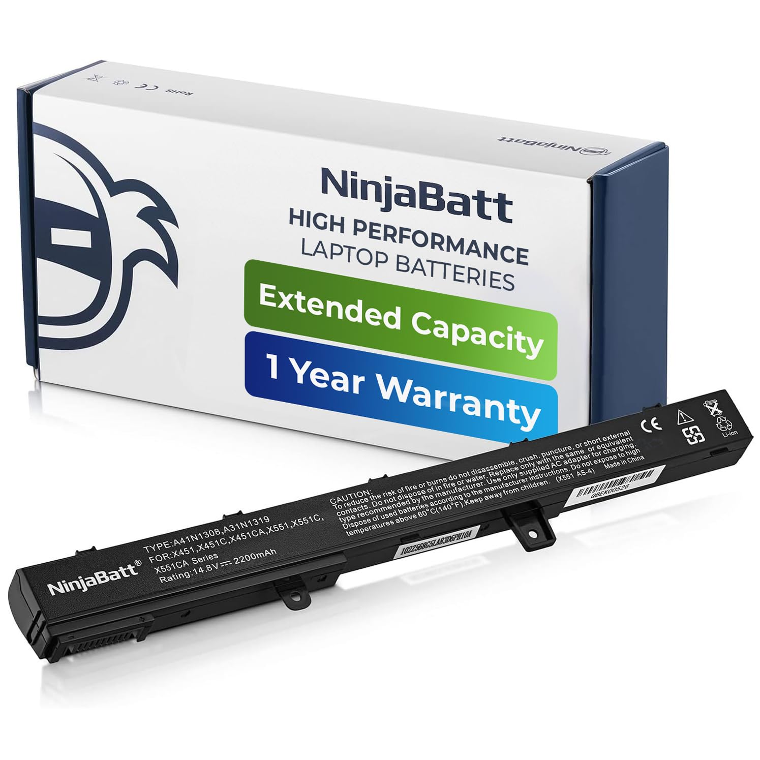 NinjaBatt Battery for Asus X551 X551M A31N1319 X551C A41N1308 X551MA D550 X551CA A31LJ91 X451 X451C 00B110-00250600 0B110-00250100 - High Performance [4 Cells/2200mAh/32wh]