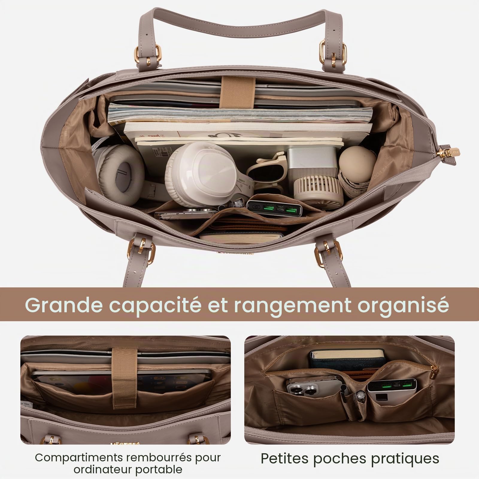 LOVEVOOK Sac à Main Femme Grand Format, Pochette Travail en Cuir PU, Ordinateur Portable, Grande Poche Bouteille Extérieure, Professeur, Business, Cabas Élégant pour Université, Bureau, Voyage