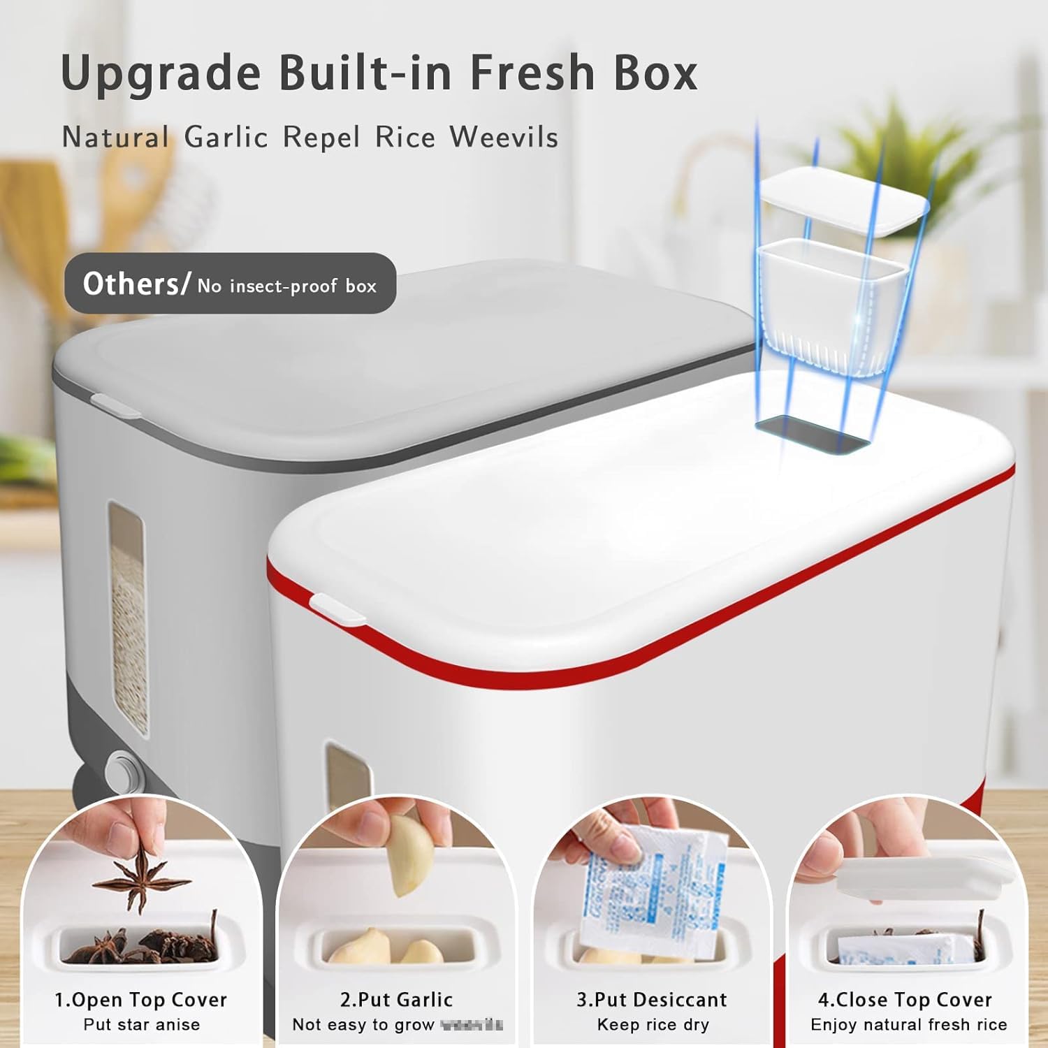 22-25 Lbs Rice Dispenser, Large Cereal Dry Food Storage Containers with Measuring Cup, BPA-Free Household for Kitchen Pantry Organization-Red