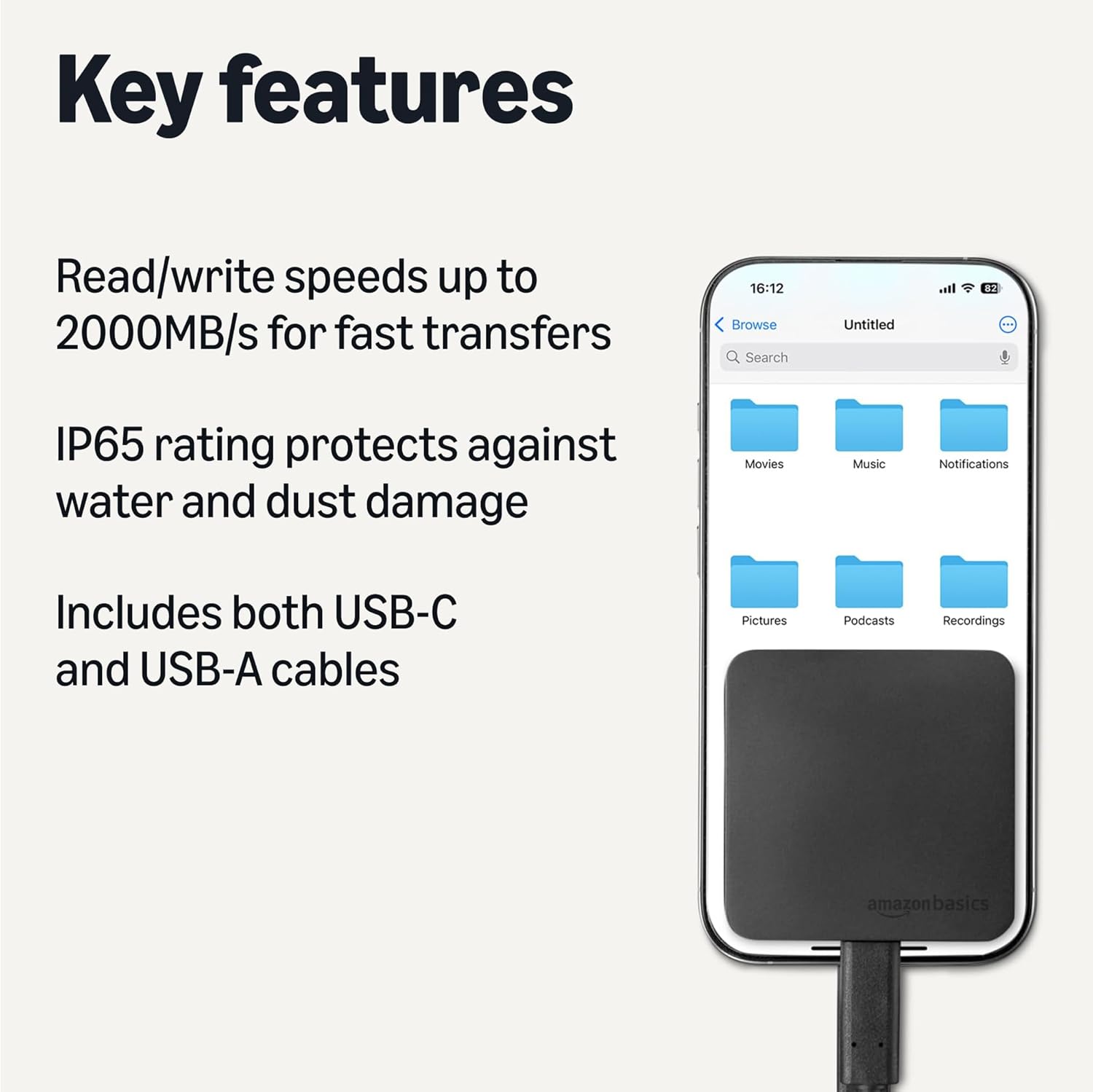 Key features of the Amazon Basics SSD: 2000MB/s speeds, IP65 rating, USB-C and USB-A cables