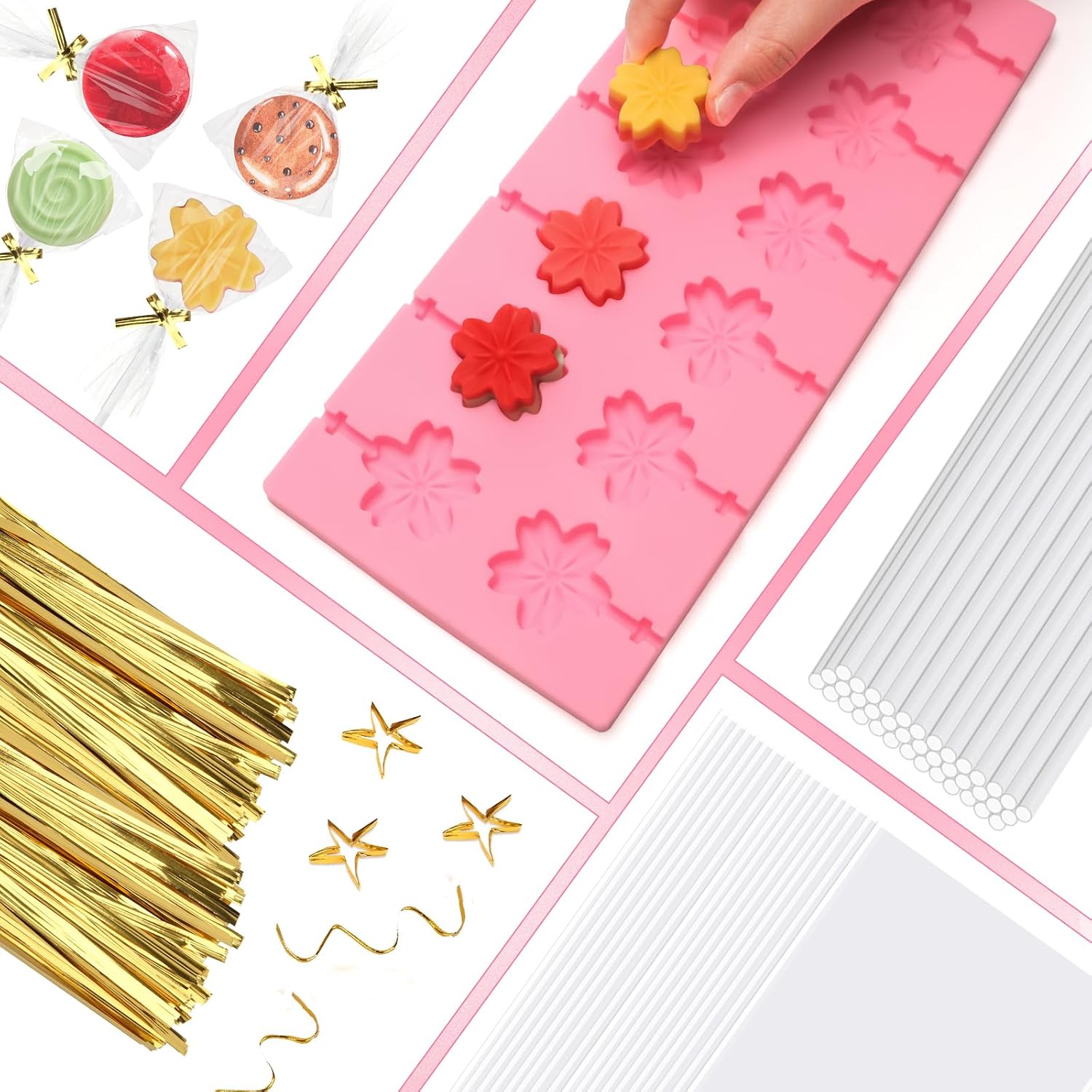 303Pcs Silicone Lollipop Molds Kit, Lollipop Maker Molds Set, Non-Stick Lollipop Candy Molds for Chocolate, 3D Flower Silicone Mold for Hard Candy with 100P Sticks, 100P Candy Bags, 100P Ties