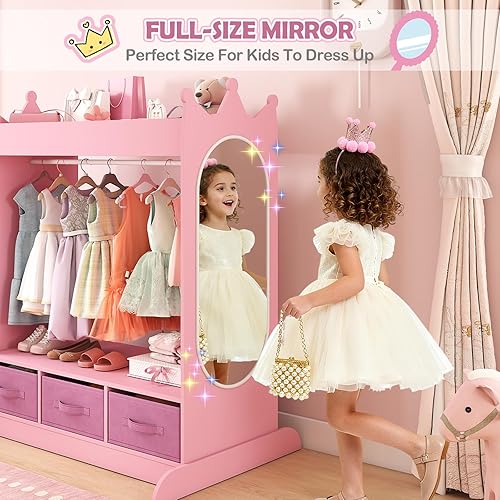 Miniatura 12 de JOYLDIAS - Armario de almacenamiento para niños con espejo y cajones, armario de almacenamiento para niños, armario de disfraces con estante