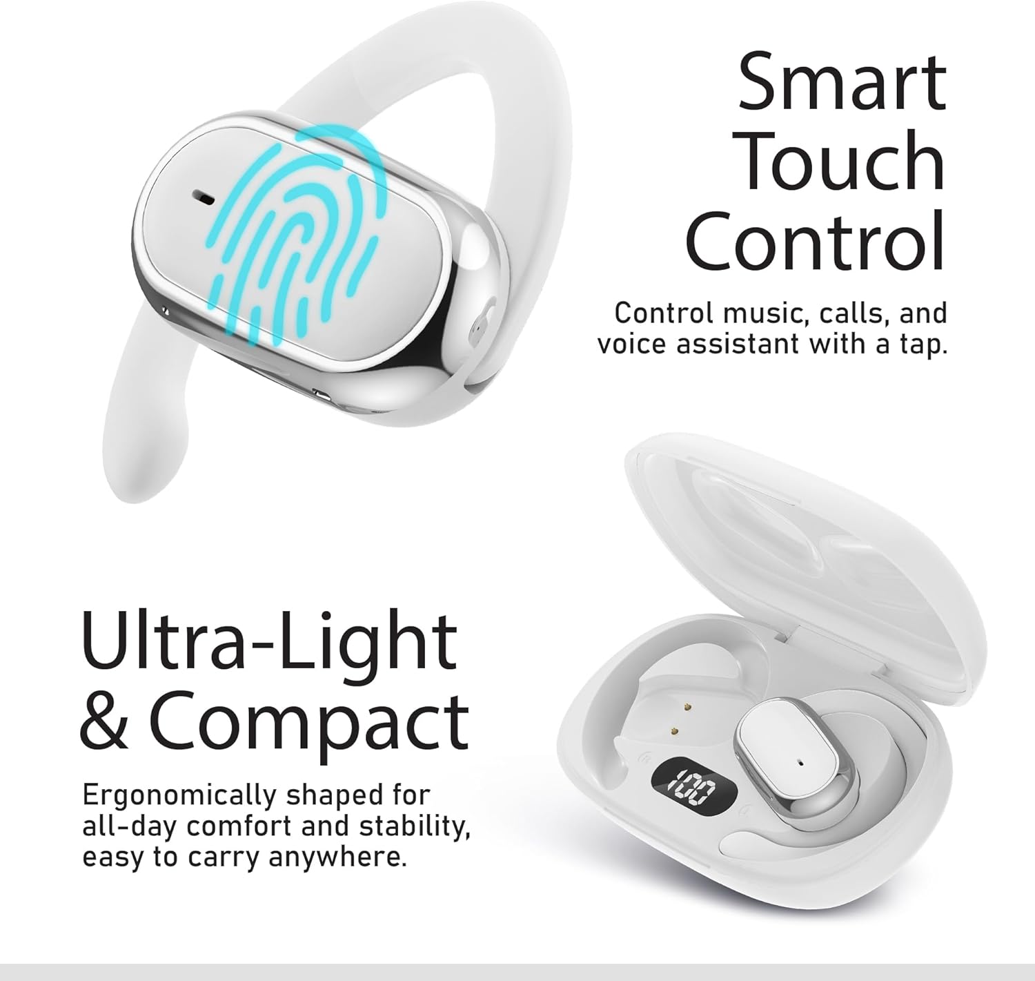 Quiksilver Open Ear Wireless Earbuds, Bluetooth 5.4 Headphones with Smart Digital Display and Ergonomic Secure Fit Earhook, Touch Controls, Sweat Resistant, Sports/Fitness/Travel/Workouts (White)