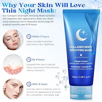 Collagen Face Mask, 100ml Collagen Night Wrapping Mask, Overnight Sleeping Mask to Protect Skin Elasticity and Hydration, Reduce Fine Lines & Wrinkles