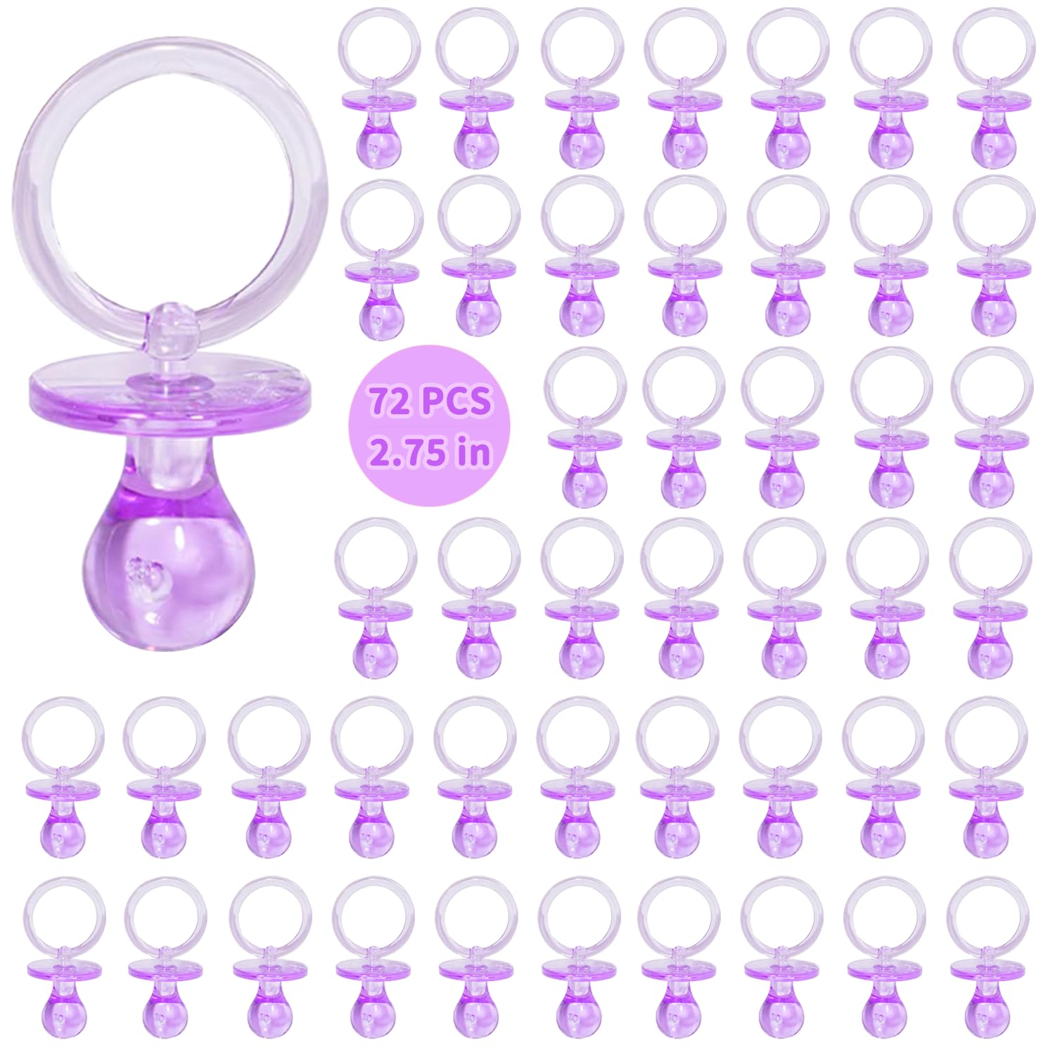 Photo 1 of 72 Pcs Baby Shower Pacifiers, 2.75’’ Plastic Pacifiers for Baby Shower Game, Baby Shower Decoration DIY, Gender Reveal Party Table Scatter/Baby Shower Party Favors, Purple 72-Purple
