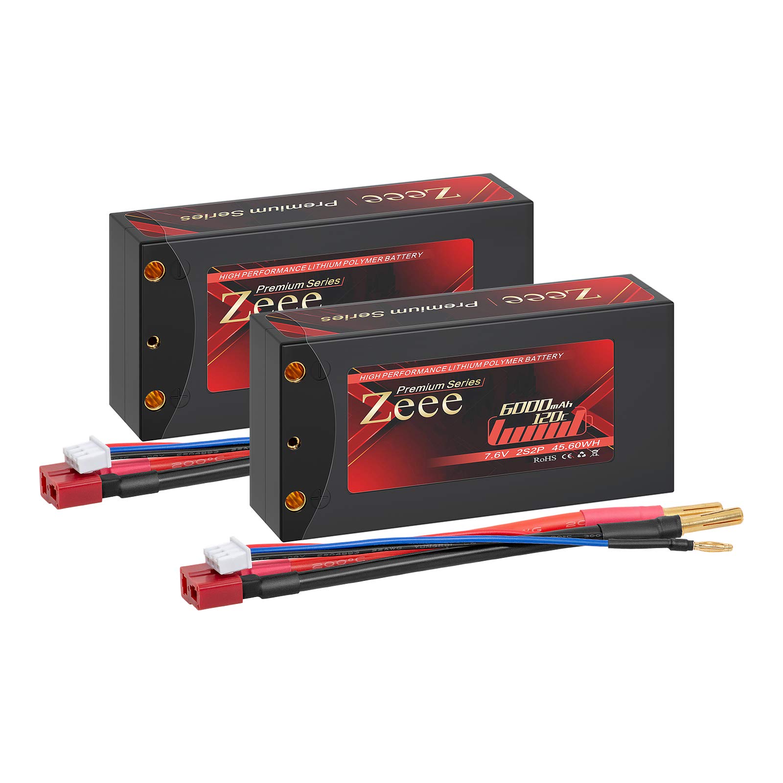 Zeee Premium Series 2S Lipo Battery 6000mAh 7.6V 120C Shorty Hard case with 4mm Bullet to T Connector High Voltage Battery for RC 1/10 Scale Vehicles Car Trucks Boats RC Models (2 Pack)