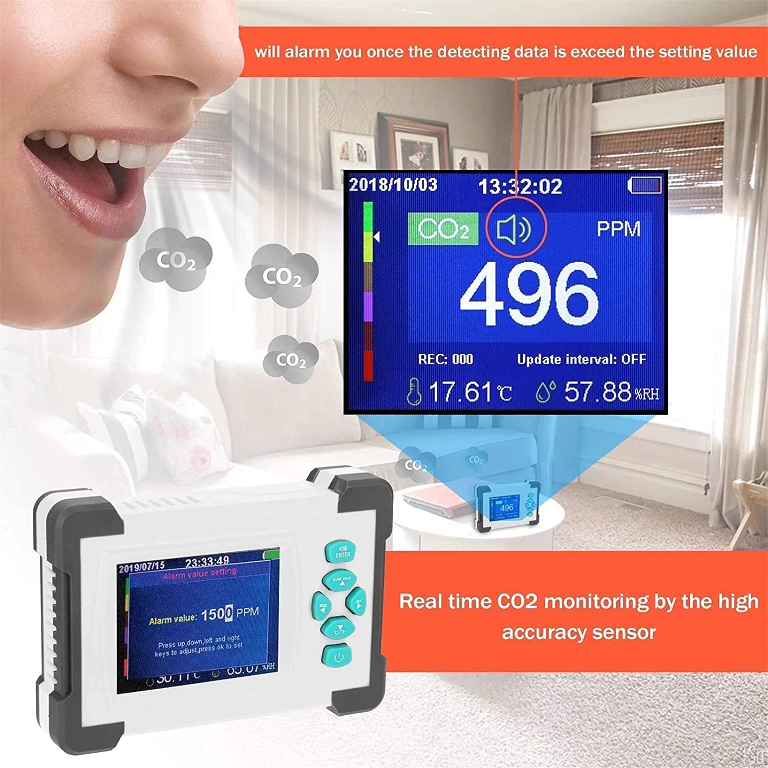 Tester temperatury miernika CO2 □ / □ Przełączalny monitor jakości powietrza z futerałem do przechowywania samochodu kuchennego (Color : White, Size : One Size)
