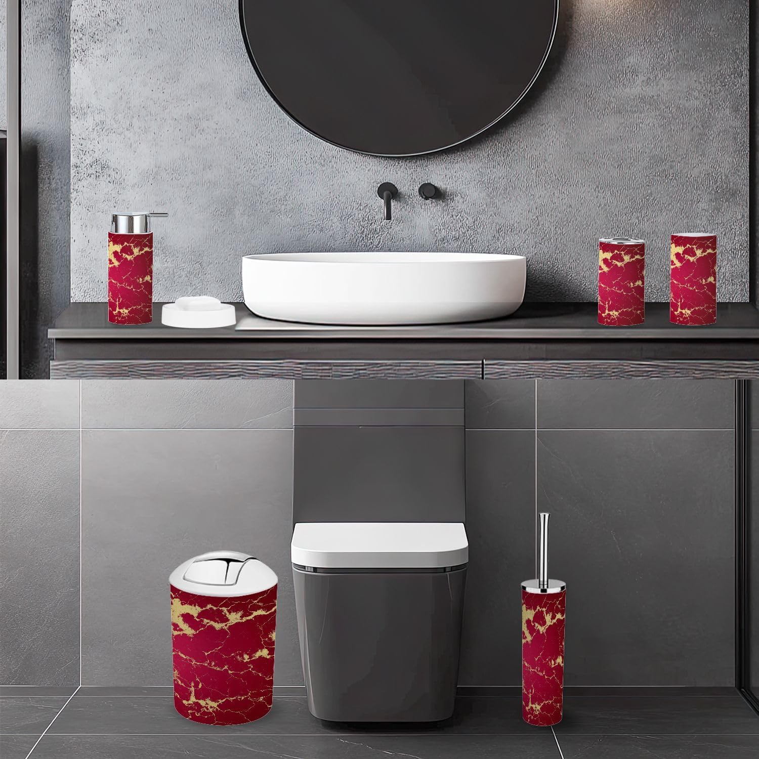 Bathroom Accessory Set 6 Piece Modern red Golden Maroon Gold Marble Texture Golden Veins Trash can, Toothbrush Holder, Soap Dispenser, Soap Dish, Toothbrush Cup, Toilet Brush Holder