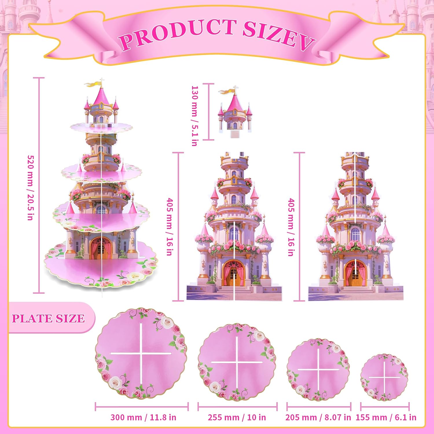 amzwkt 4-Tier Princess Extra Large Cupcake Stand - Pink Castle Theme Reusable Dessert Tower for Girls Birthday, Wedding, Baby Shower Party Decorations, Cardboard Table Decor Display