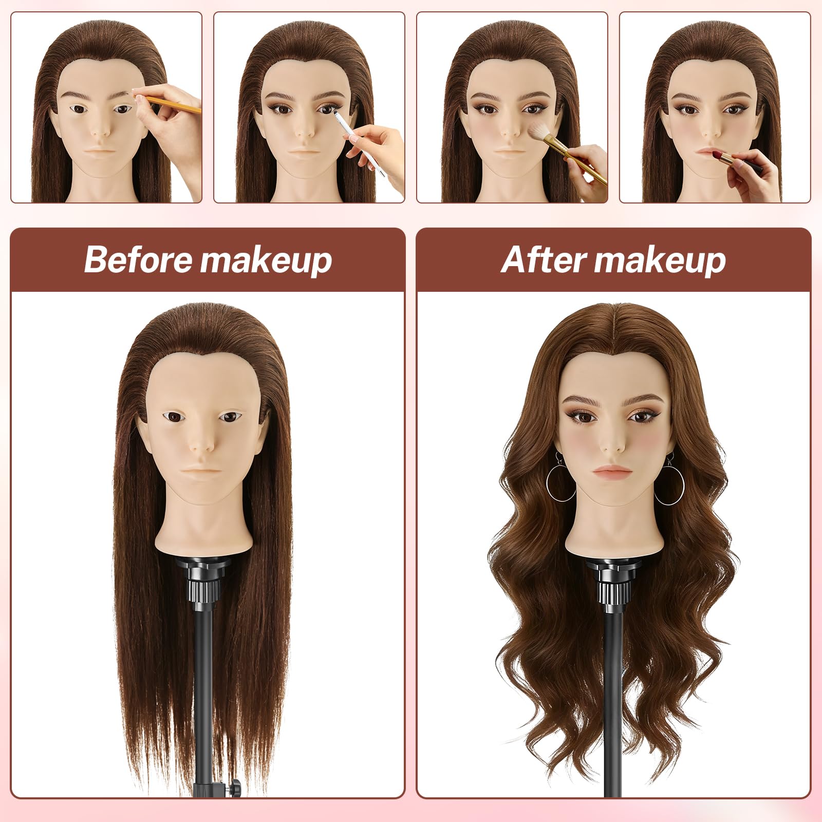 Übungskopf aus 80 % Echthaar, 58,4 cm, Frisierkopf mit Perückenständer, Stativ und Make-up-Funktion und DIY-Haarstyling-Flechtwerkzeugen