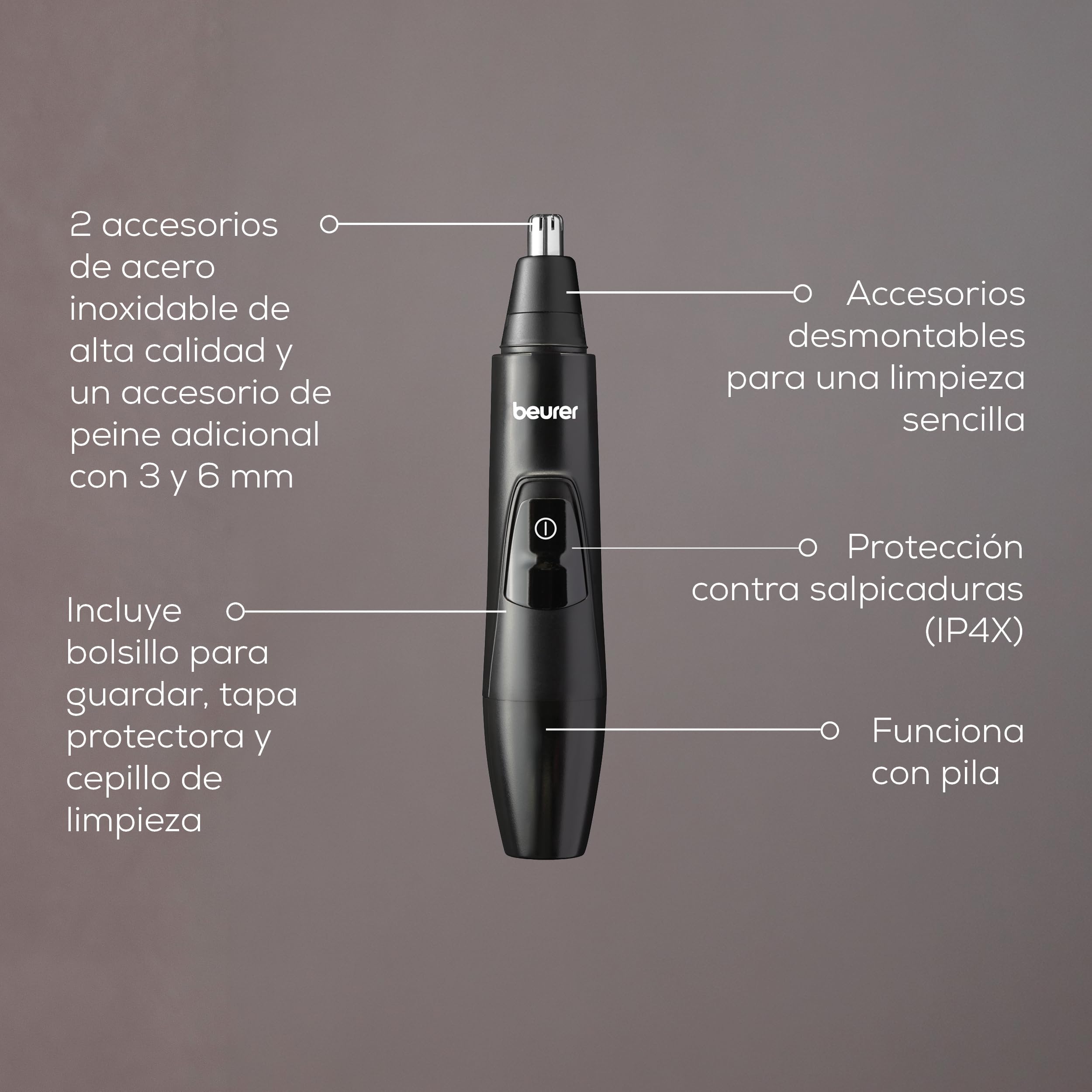 Beurer MN2X Recortadora de precisión, para recortar y dar forma al vello de ojos, nariz y orejas, 3 accesorios de acero inoxidable, resistente al agua, funciona con pilas