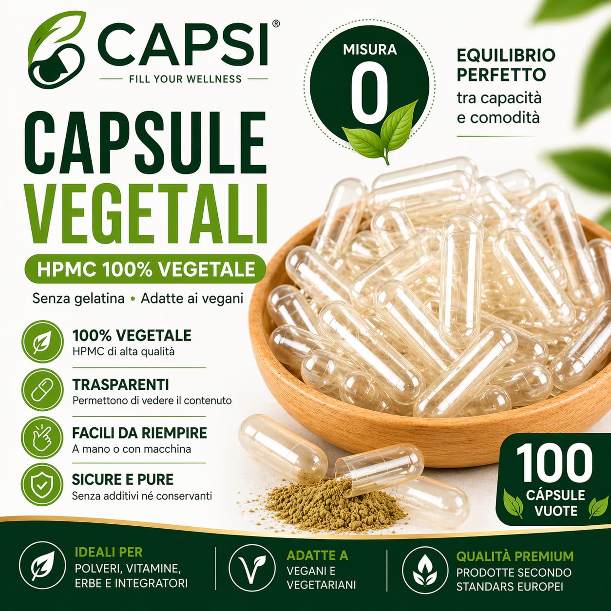 Capsule vegetariane vuote HPMC Dimensioni 0 x 100
