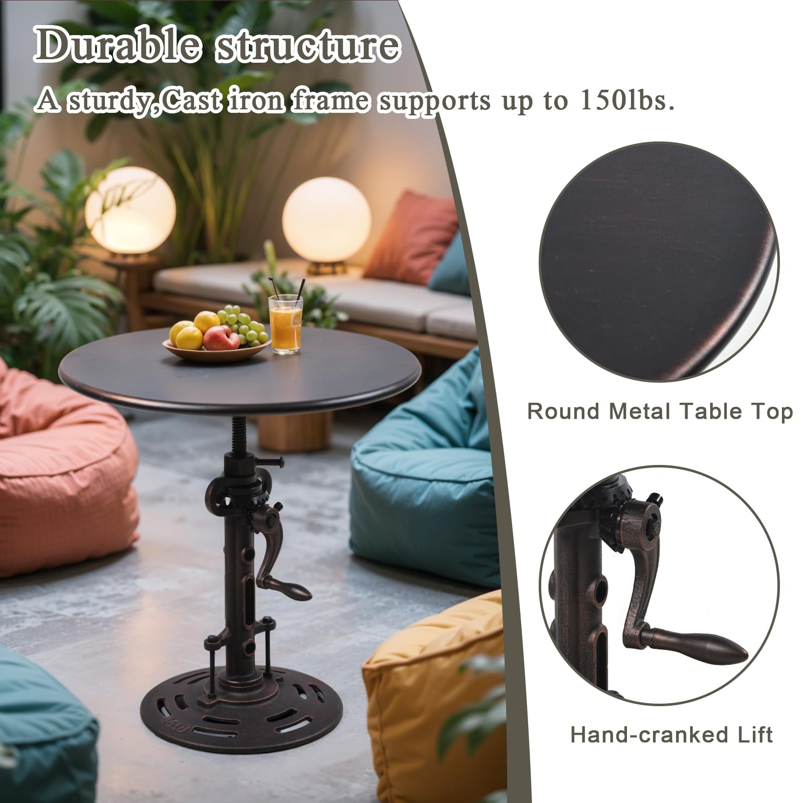 Round 19.6'' Coffee Industrial Style Hand Crank Metal Tea Table | Adjustable Height Side Table for Living Room, Bedroom and Balcony (Copper)