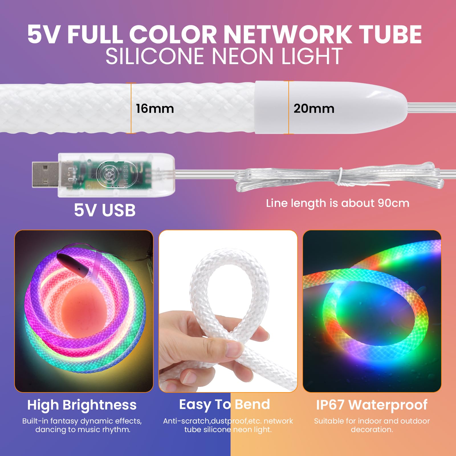 KISUFU Neon Striscia LED 5M, USB 5V RGB LED WS2812B, Impermeabile Neon LED Strisce Silicone con APP e Telecomando, Striscia Flessibile per la Decorazione, Esterna, Soggiorno, Camera da Letto