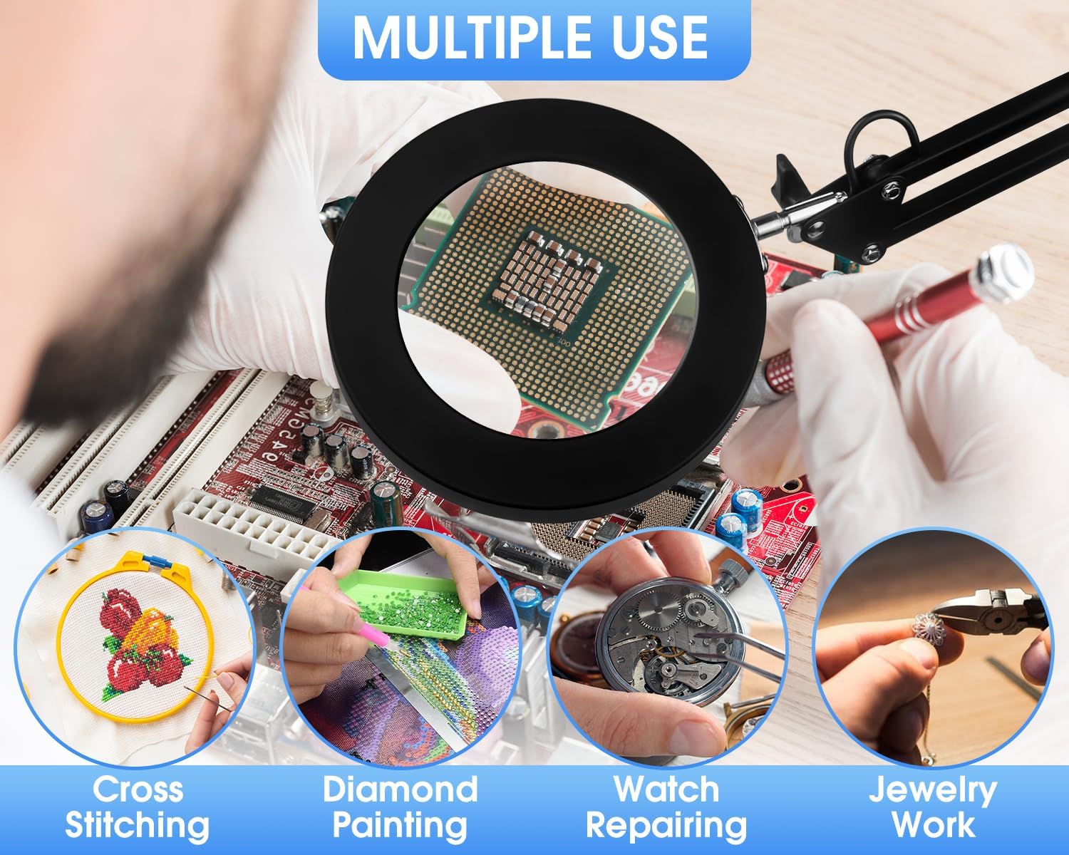 Honagu 5X Magnifying Glass with Light and Clamp, Adjustable LED Desk Lamp, 3 Color Modes Lighted, Magnifying Glass for Reading, Painting, Close Work, Repair, Crafts, Soldering, Manicure, Beauty(Black)