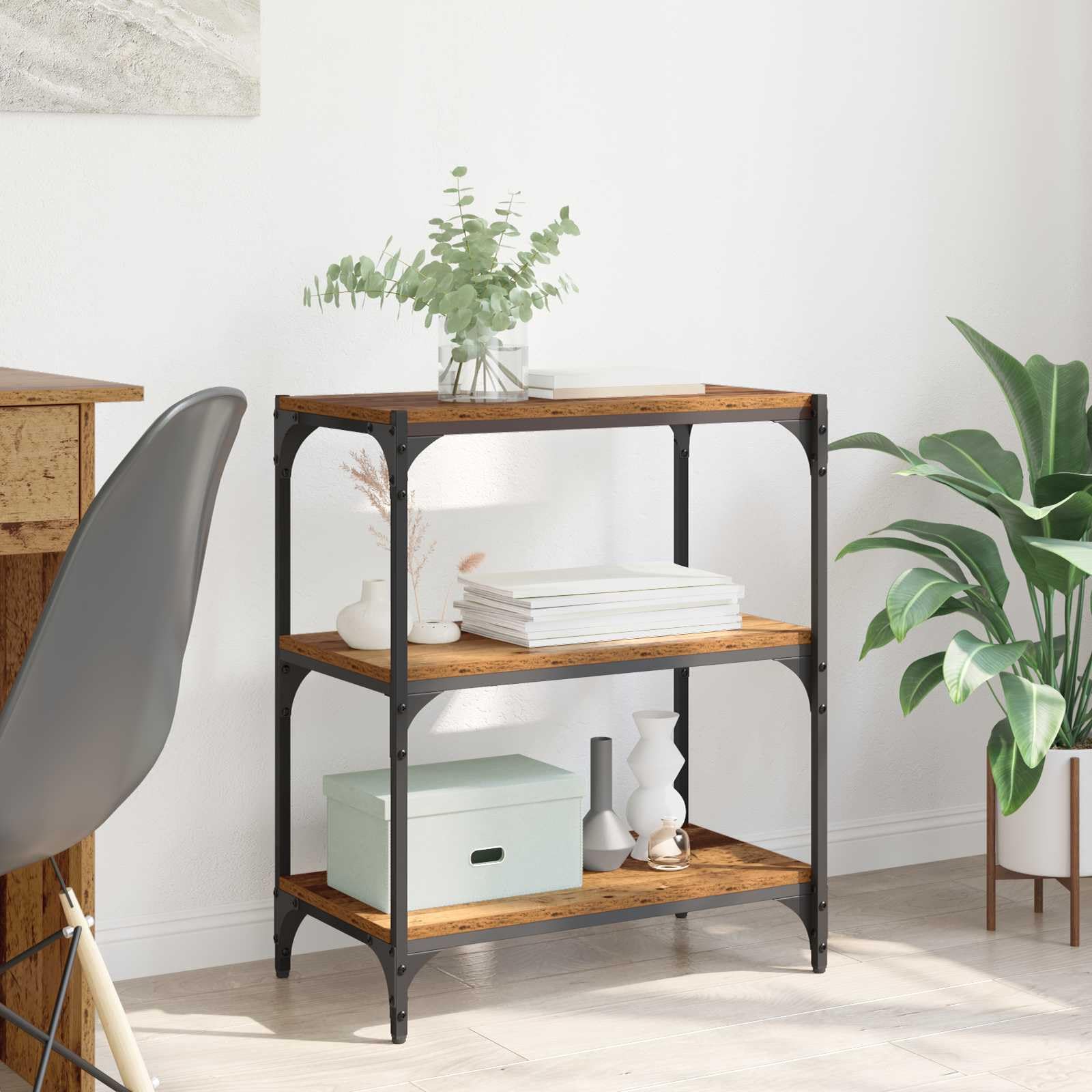 Libreria in legno anticato, 60 x 33 x 70,5 cm, con 3 ripiani, per soggiorno, ufficio e corridoio, robusto design industriale, molto spazio, divisorio da parete e stanza