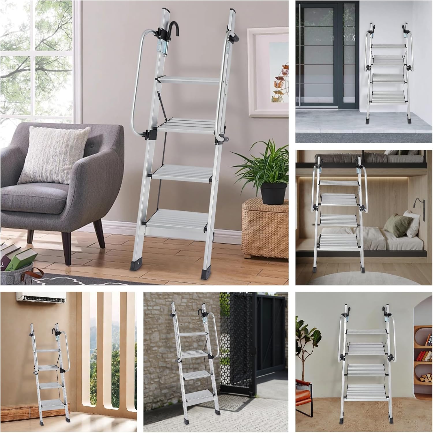 56.7" Bunk Bed Ladder, 4 Steps Aluminum Alloy Ladders, Easy Install Foldable RV Loft Ladder w/Handrail & 5-Gear Pedal, 330 lbs Load Capacity Space-Saving Non-Slip Steps for Home, Attic, Dorm, Silver