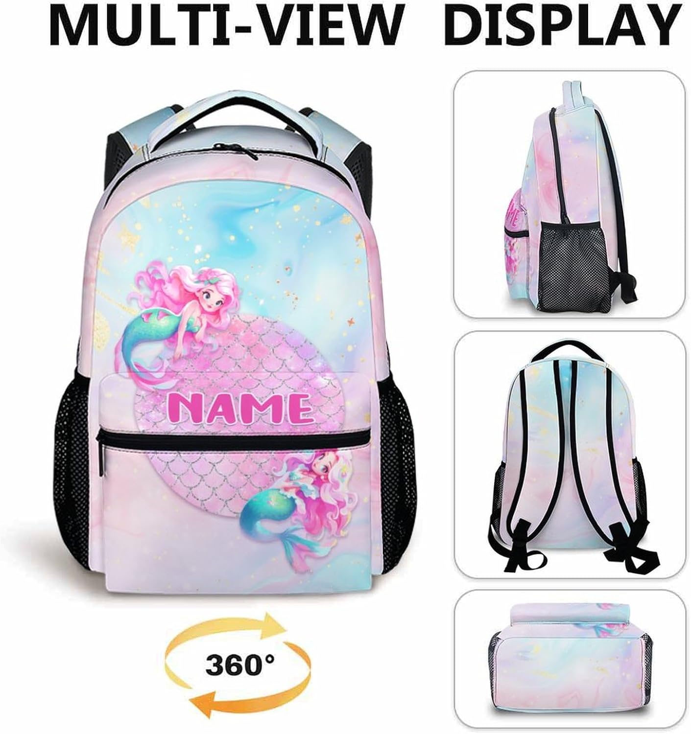 Personalized Mermaid Backpack, Cute Kids Backpack, Lightweight Preschool Bookbag for Girls Age 3-10, Kids Book bag for Elementary Travel Camping
