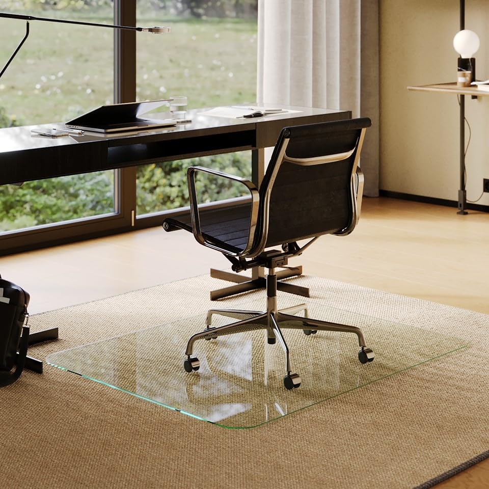Office Desk Glass Chair Mat - Clear Tempered Glass - Easy Glide - Protects Carpet and Hardwood Floors