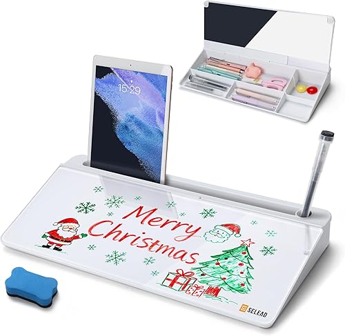 Miniatura 13 de SELEAD - Pizarra blanca de escritorio de vidrio con almacenamiento, pizarra pequeña de borrado en seco, teclado con soporte para computadora,