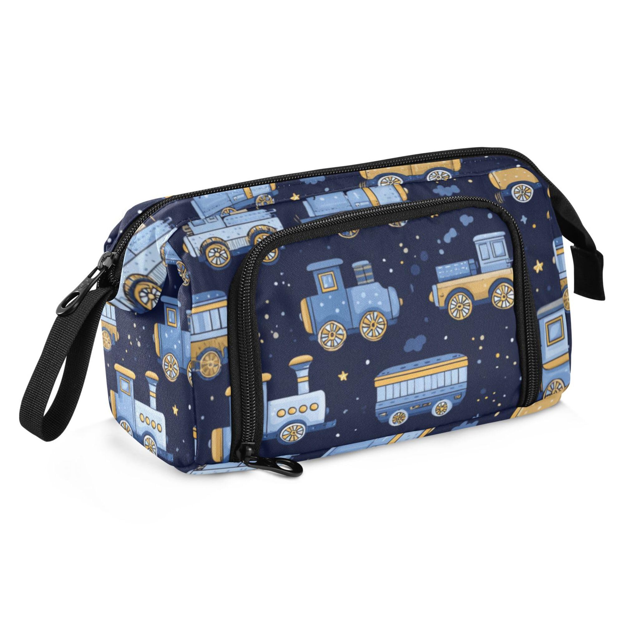 Fisyme Trains Cute Blue Pencil Case Large Capacity Pen Bags Box Big Makeup Pouch Organizer