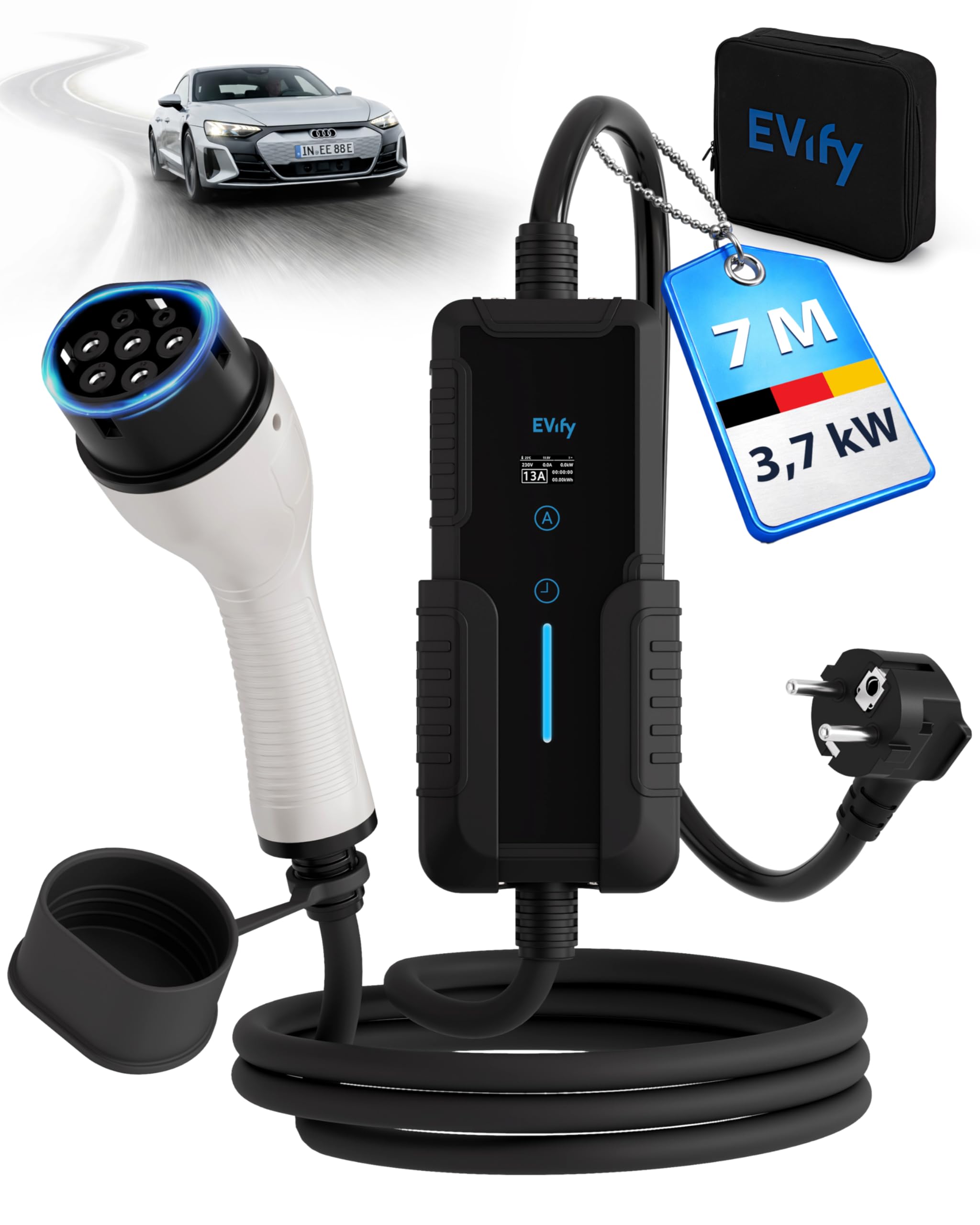 Ladekabel Typ 2 Schuko 3,7kW 7M 16A für Elektroauto & Hybrid inkl. Kabeltasche • Stromstärke/Ladeleistung einstellbar 6|8|10|13|16A, ideal für PV-Anlage • Typ 2 Ladekabel Schuko