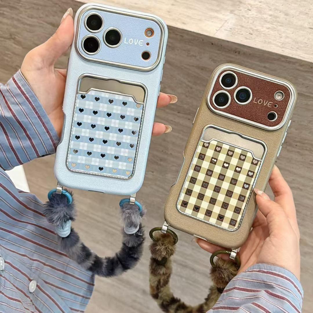 RNOZX for iPhone 16 Pro Max Fashion Plaid Heart Silver Mirror Card