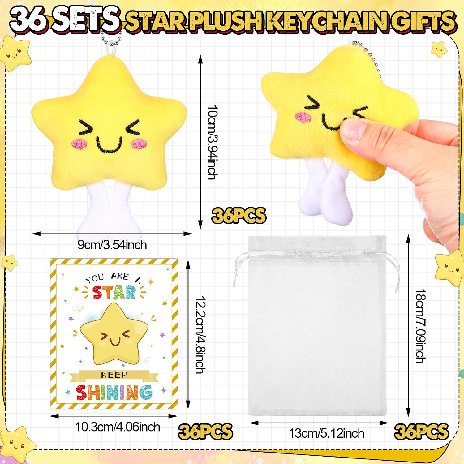 36 Sets Back to School Cute Keychain Bulk Smile Face Star Keyring image 2