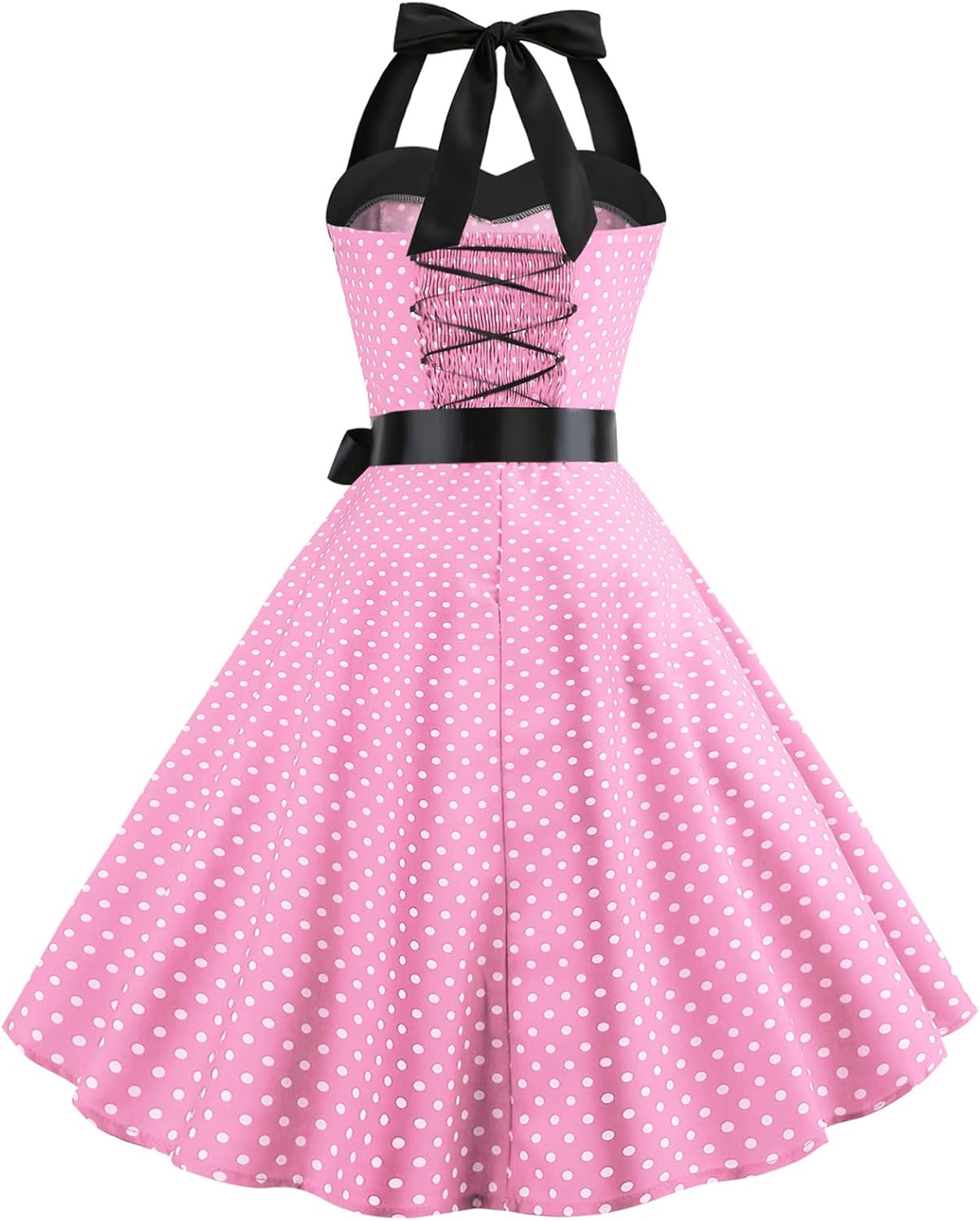 Women Halter Neck 50s Vintage Cocktail Party Swing Dress Retro Polka Dots 1950s Audrey Hepburn Rockabilly Prom Dress Pinup Spring Garden Short Flared A-Line Wedding Formal Tea Dress Pink-Halter L - Image 4