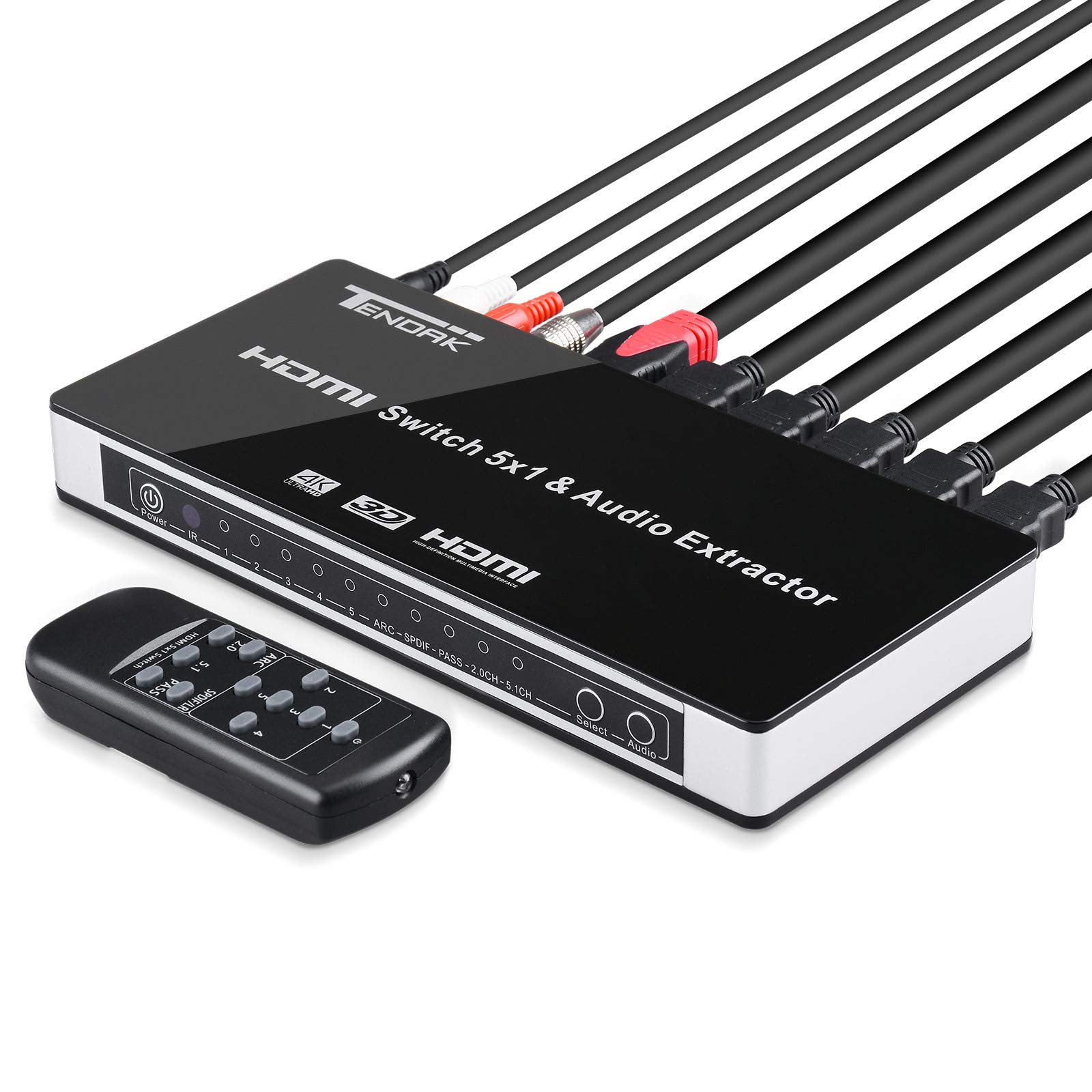 Tendak Switch HDMI Commutateur 4K 5 Entrées 1 Sortie SPDIF Extracteur Audio L/R Télécommande IR Arc Support 1080P 3D PS4 Xbox One Nintendo