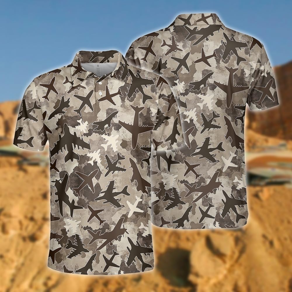 Camouflage Polo Shirts for Men - Aircraft Mens Camo Shirts Short Sleeve 3D Print Aviation Golf Polo Dry Fit S106 Size L