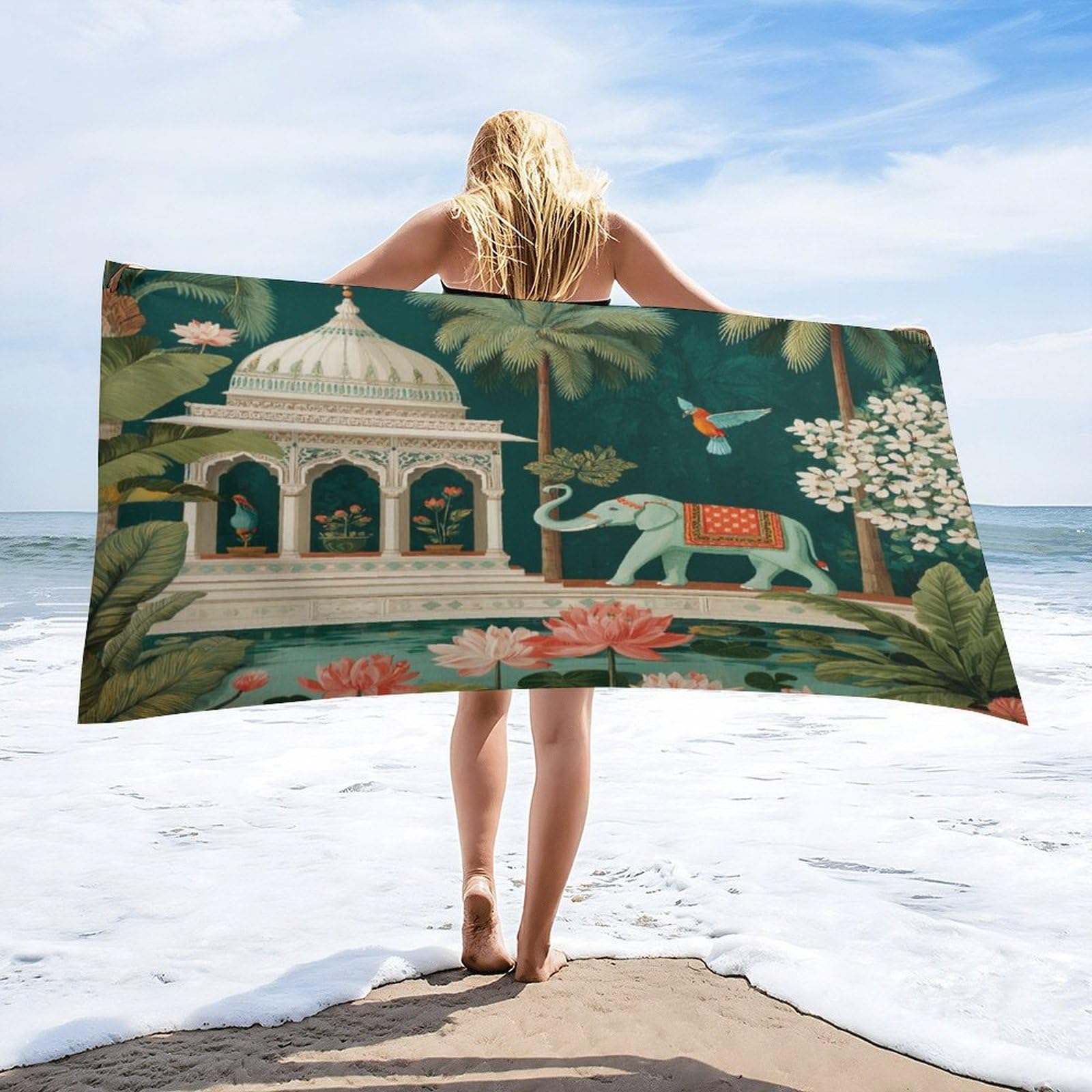 Luyysky Modern Abstract Indian Elephant Quick-Drying Beach Towel, Vintage Bohimian Animal Elephant Bird Lotus Floral Palm Tree Travel Vacation Single Sided Pile Bathroom Towels-80 W Cm X 160" L Cm