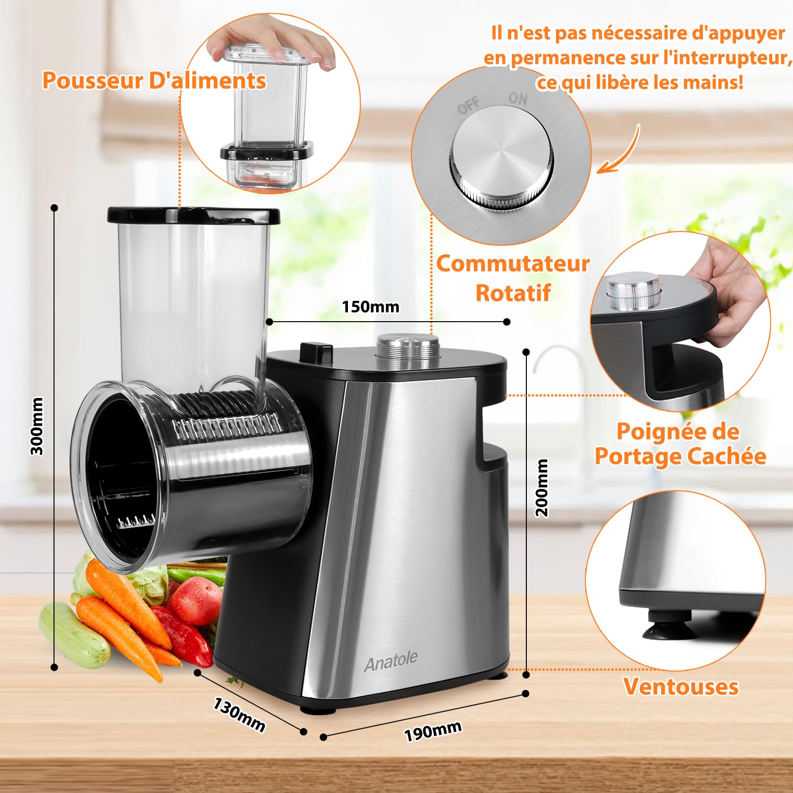 Anatole Coupe Légumes Électrique Rape à Fromage Acier Inox 6 Lames 250W Rapeuse Carottes Professionnel Grand Calibre Trancheuse de Légumes Multifonctions 220V Fiche UE