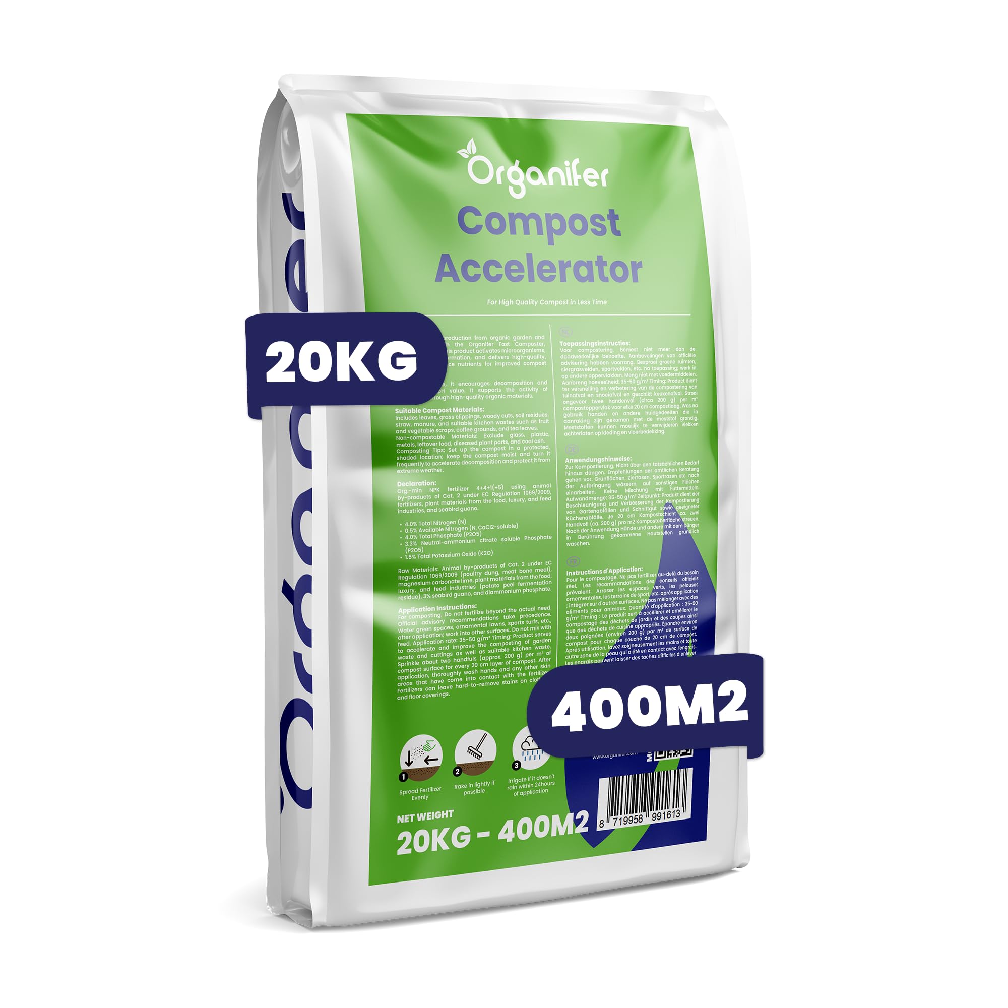 Acelerador De Compost - 20 Kg Para 100-400 M²/20 M³ - Para Residuos De Jardín Y Cocina - Compost Rico En Humus, Inodoro, Mejora La Vida Del Suelo - Guano Orgánico - Organifer