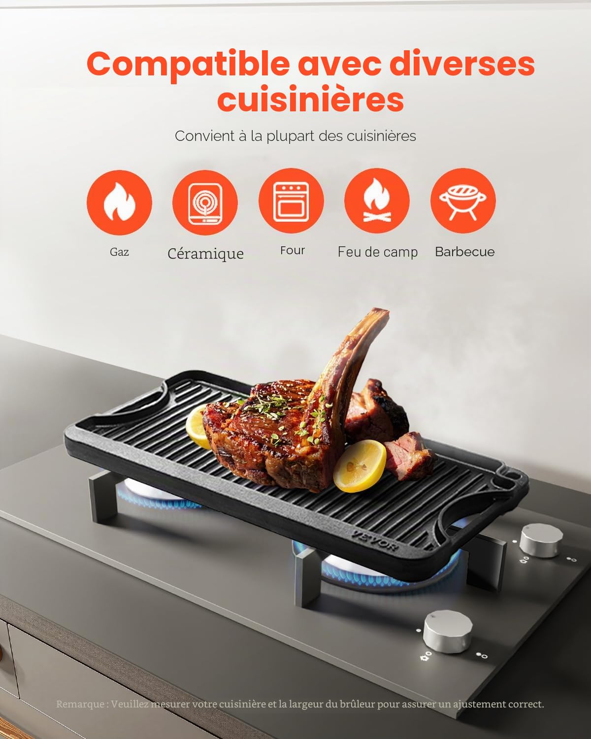 VEVOR Plaque de cuisson réversible en fonte, 492x218 mm, plaque-gril pré-assaisonnée portable avec poignée, poêle à griller pour brûleur de cuisinière intérieur/extérieur, gaz, barbecue camping, noir
