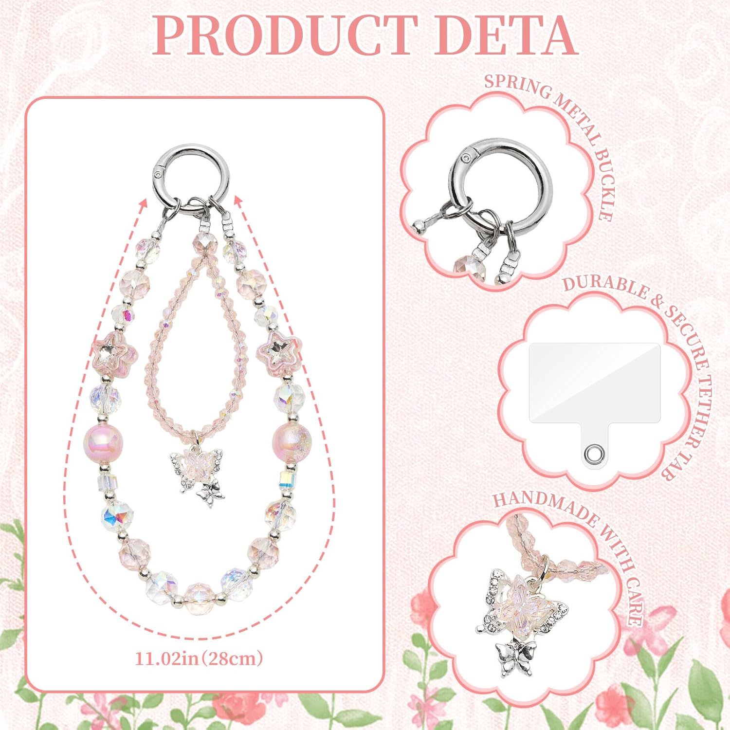 WOZEAH Phone Charm for Women, Beaded Wrist Strap Lanyard with Tether Tab – Anti-Theft Hands-Free Detachable Phone Chain Wristlet - Image 3