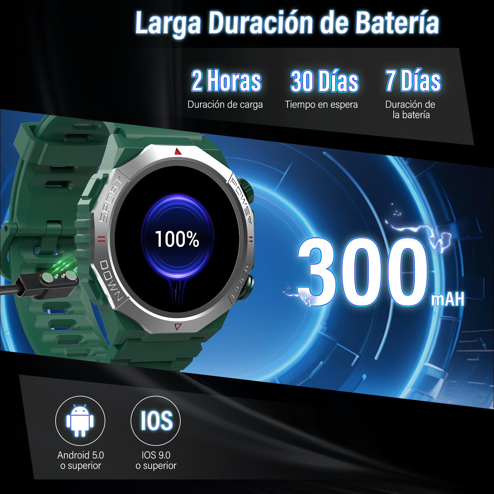Reloj Inteligente Hombre, 1,39" Smartwatch con Llamadas Bluetooth, 110+ Modos Deportes Smart Watch, Podómetro/Monitoreo de Sueño/Pulsómetro, Impermeable IP68 Pulsera Actividad para Android iOS, Verde