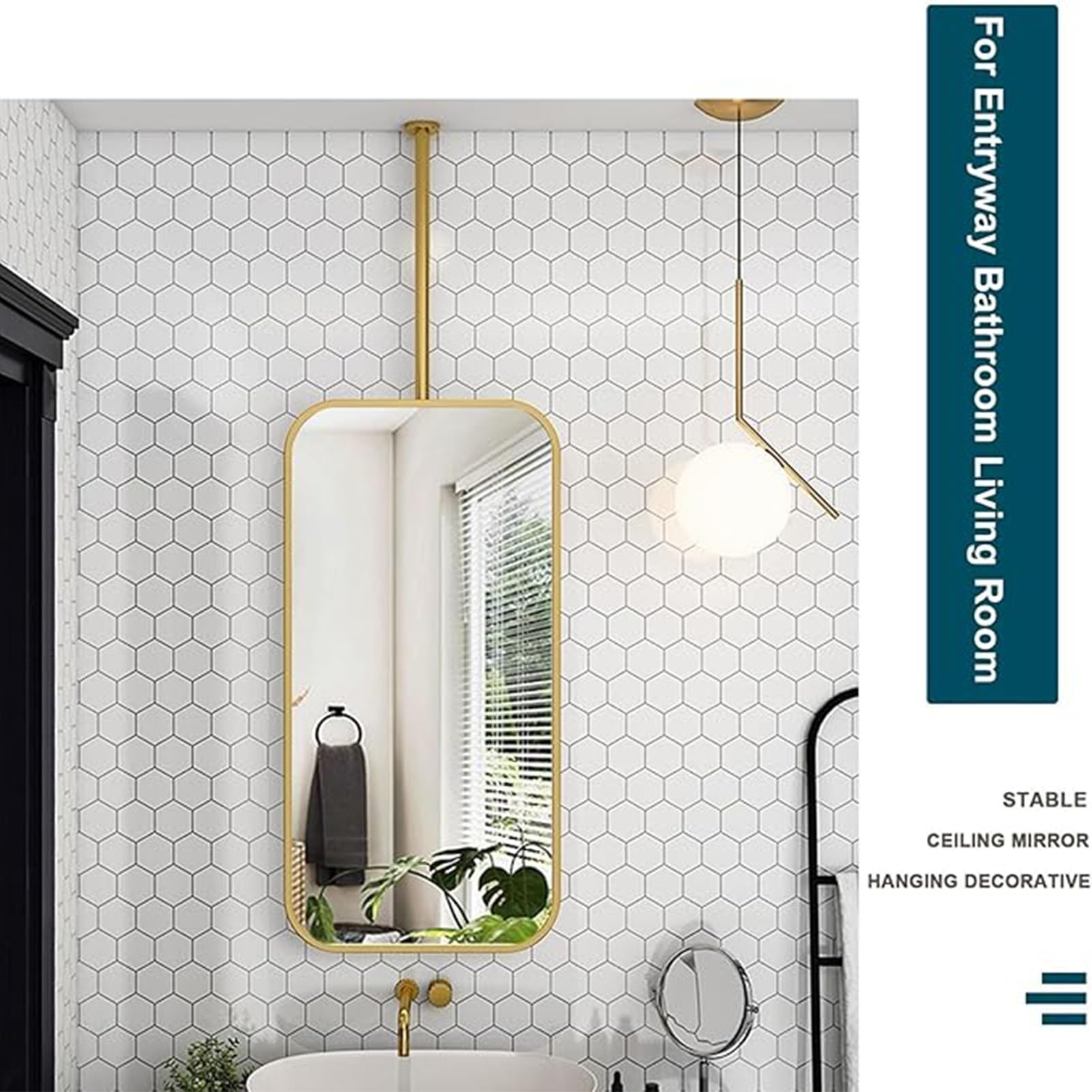 Specchio sospeso a soffitto, specchio da bagno con cornice in metallo nero per parete, specchi quadrati da soffitto, specchi rettangolari da appendere per decorazione da parete