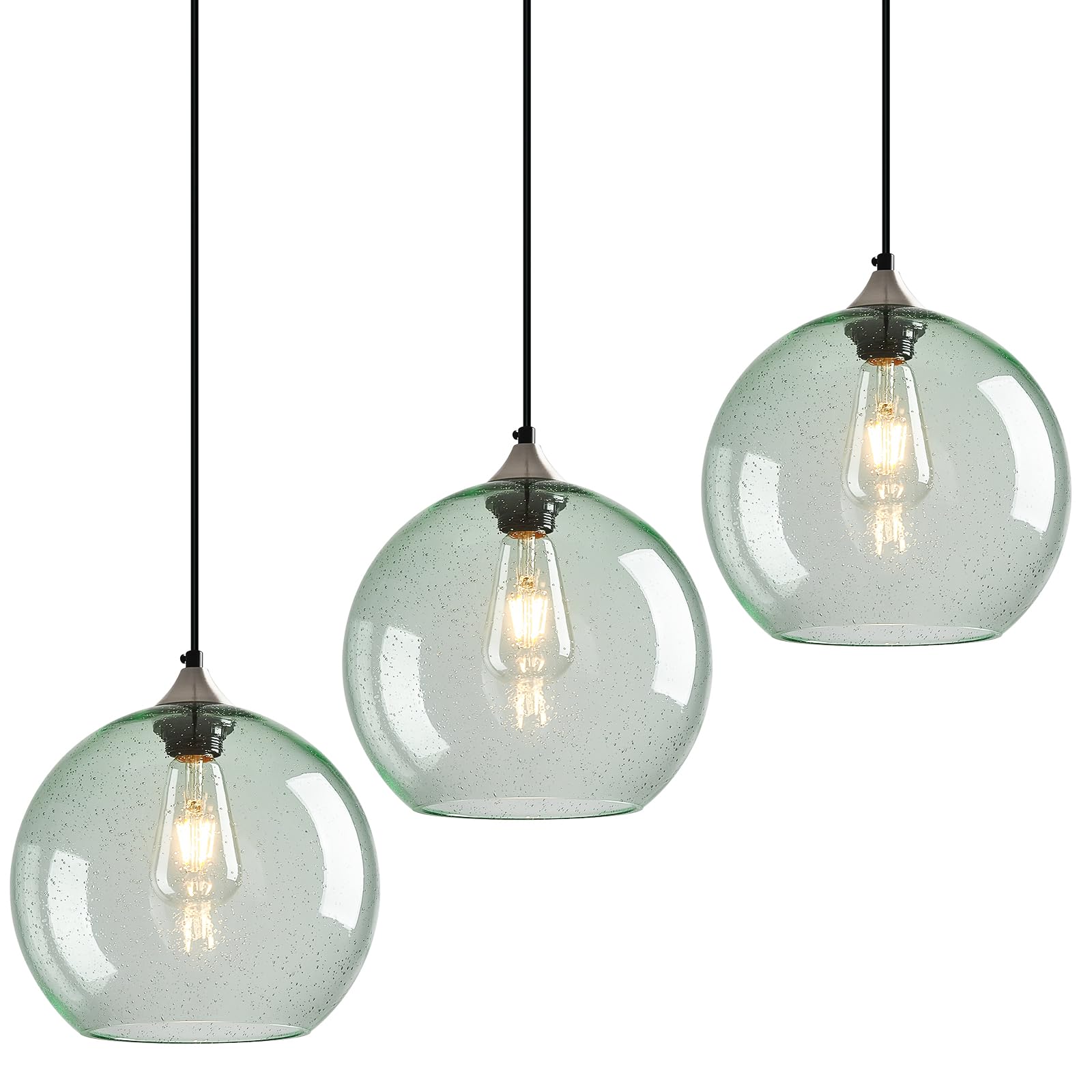 Light Green Seeded Glass Pendant Lights Kitchen Island 3 Pack, 9.84in