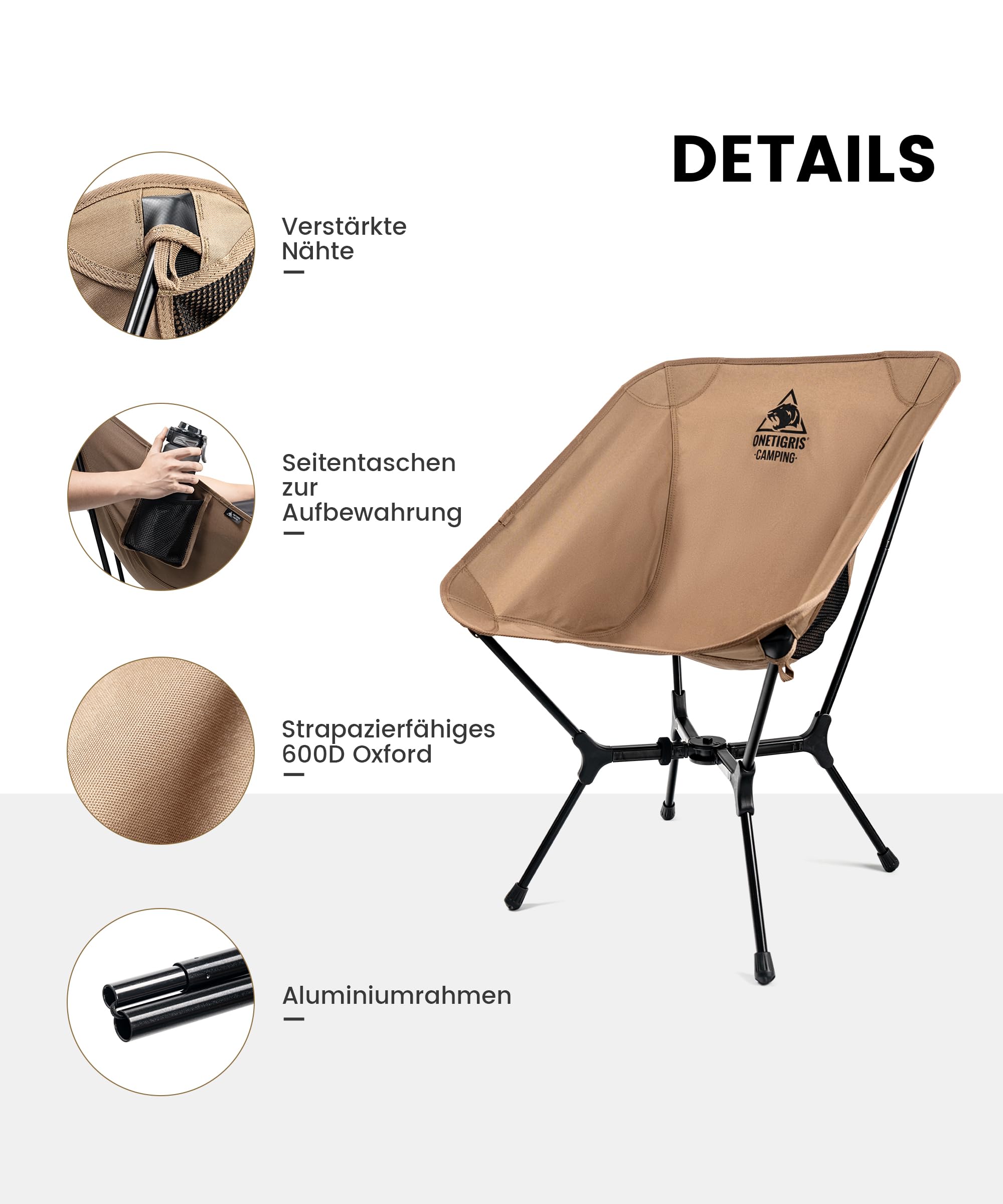 OneTigris OASISFLEX Campingstuhl faltbar 150 kg, Klappstuhl Camping leicht integrierter Kreuzrahmen, Faltstuhl Ultraleicht, mit 2 Seitentaschen für Outdoor, Wandern