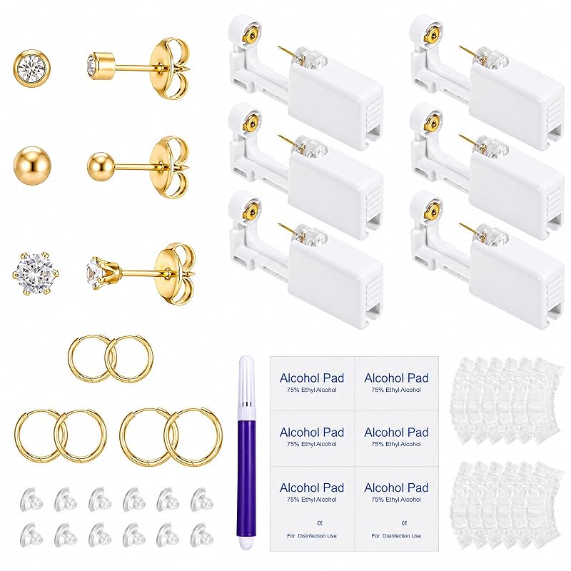 Kit para Piercing de Orelha Jeqqinuz com 6 Unidades, Brinco Dourado e Acessórios