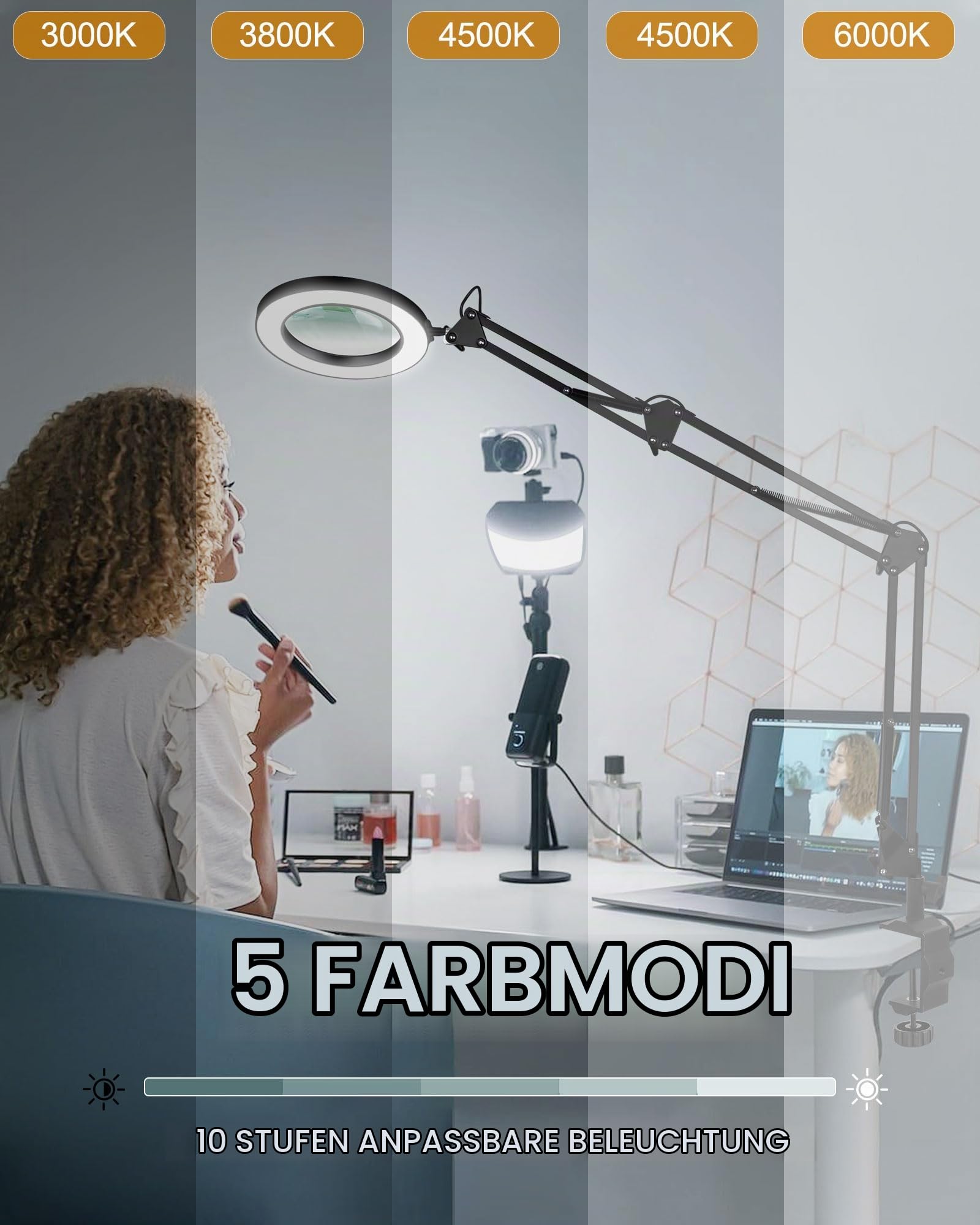 8X Lupe mit Licht & Klemme, Verlängern-Arm Lupenleuchte, HD-Glaslinse | Freihändig, 5 Farbmodi, Elektronik & Modellbau, mehr Reichweite ohne Nachjustieren