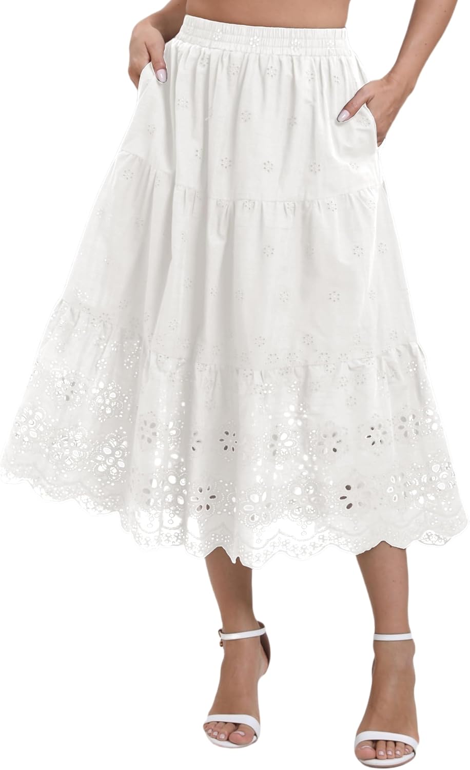 Women's Summer Elastic High Waist A-Line Vintage Embroidery Lace Tiered 2026 Casual Vacation Boho Midi Skirts