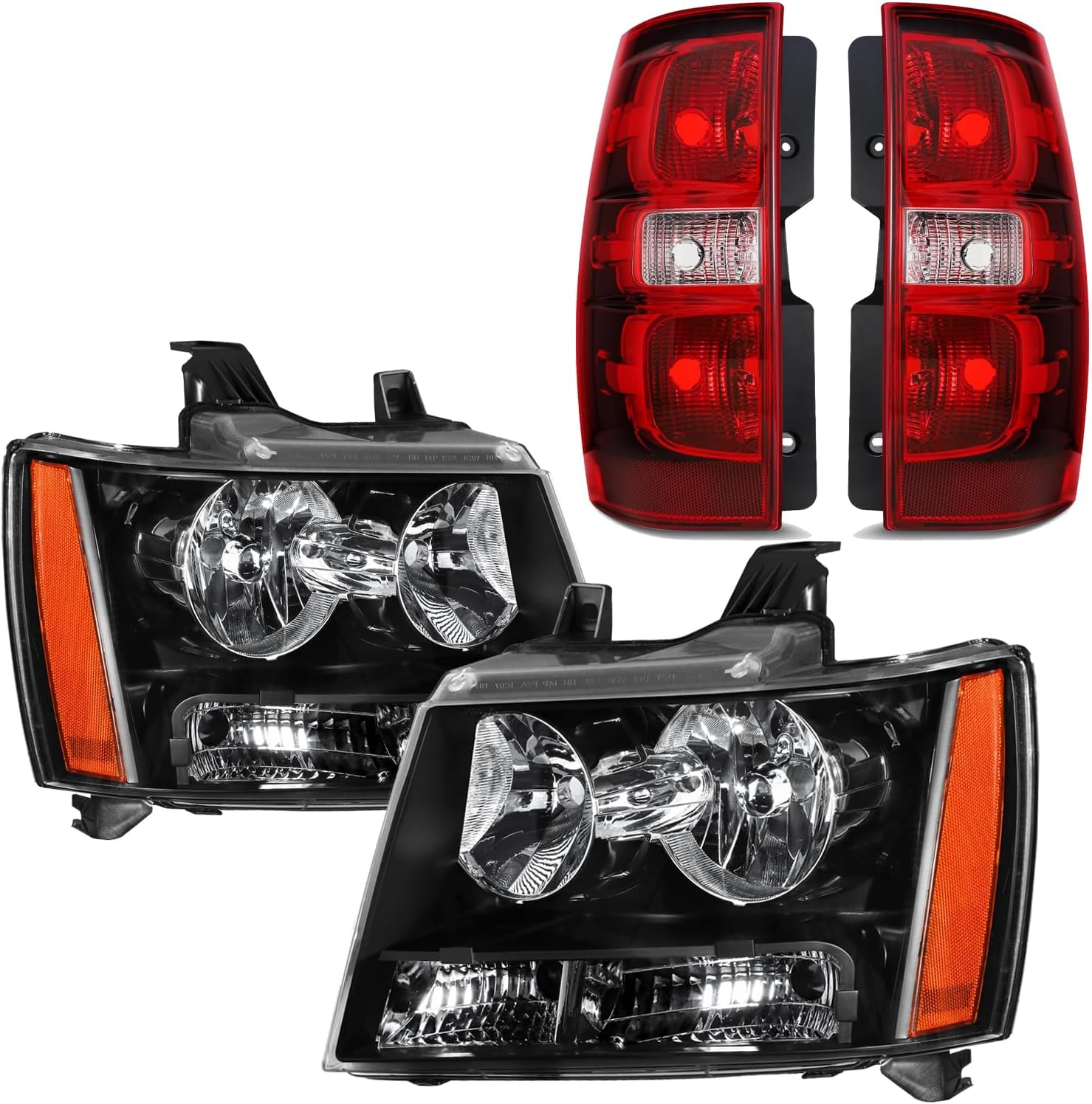 Fit For 2007-2013 Chevy Tahoe Suburban Headlights Tail lights Assembly Set, Black Amber Headlight + Red Rear Taillights Brake Lamp
